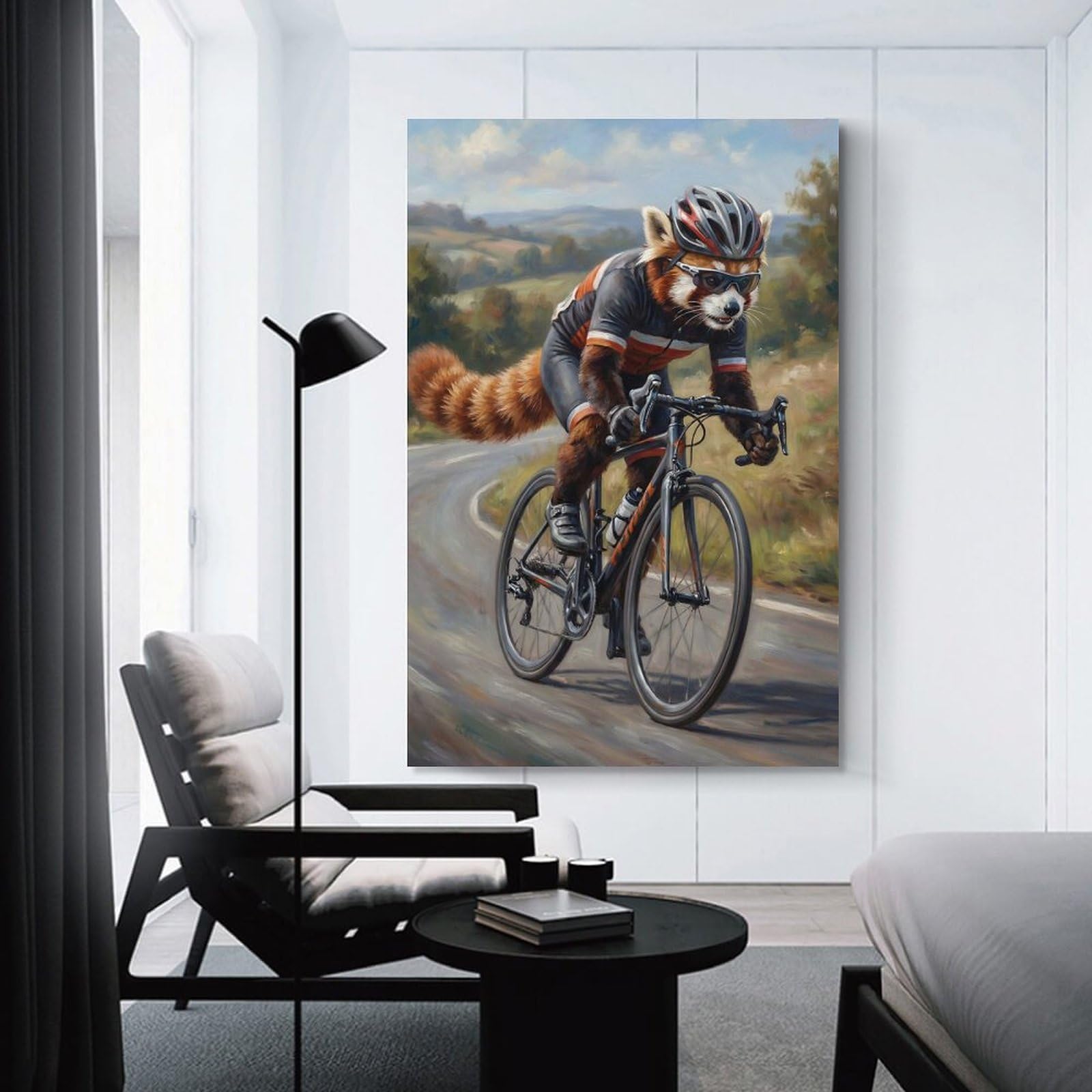 Junmoney Red Panda Cyclist on A Winding Road Decorative Wall Artwork, 08x12inch(20x30cm), for Home Lounge, Bedroom Or Reading Nook, Easy Decor for Gallery Walls