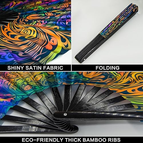 Miniatura 3 de Ravevibes Ventilador de mano plegable grande de 13 pulgadas, ventilador de bambú para festivales de bambú, ventiladores plegables con brillo UV para