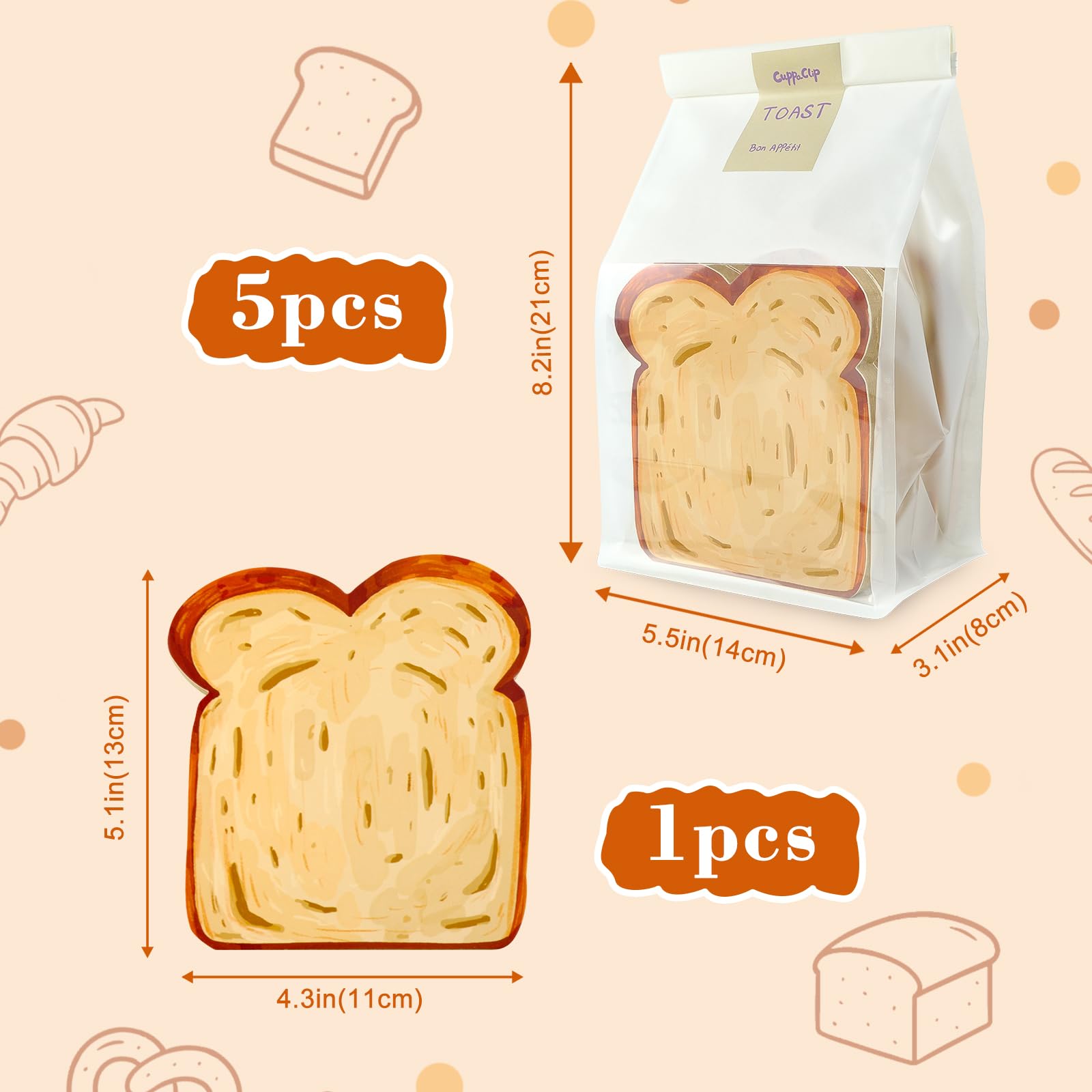 Notizblöcke in Toastform, 5 Stück, blanko, 50 Blatt/Block, kleines Notizbuch für Backliebhaber, niedliche Notizen (eine Tüte Toast hat 5 Blöcke)