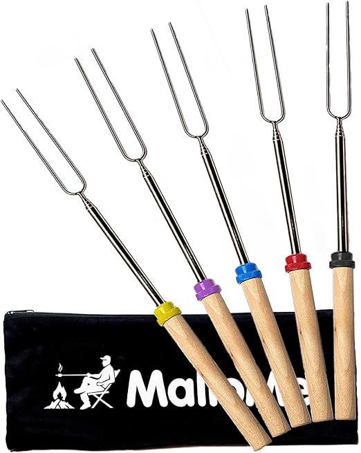 MalloMe Smores Sticks for Fire Pit Long - Marshmallow Roasting Sticks Smores Kit - Smore Skewers Hot Dog Fork Campfire Cooking Equipment, Camping Essentials S'mores Gear Outdoor Accessories 32" 5 Pack