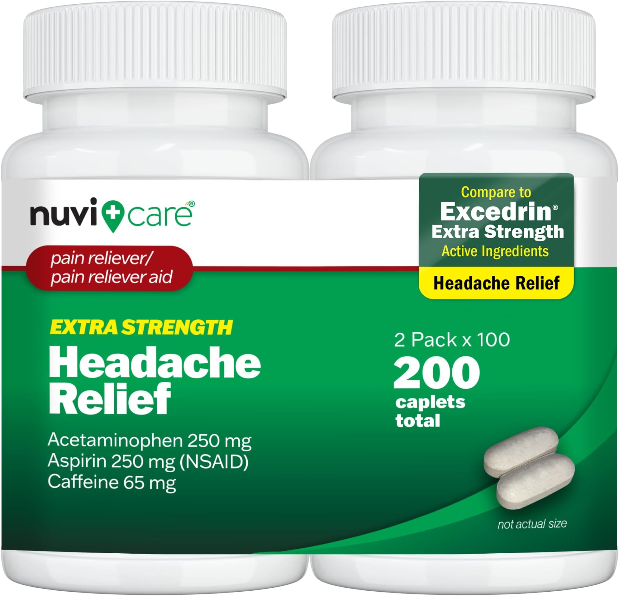 Headache Relief with Acetaminophen 250 mg, Aspirin (NSAID) 250 mg, Caffeine 65 mg - Temporary Relief of Minor Aches & Pains - Compare to Excedrin Extra Strength Pain Reliever (2 Pack)