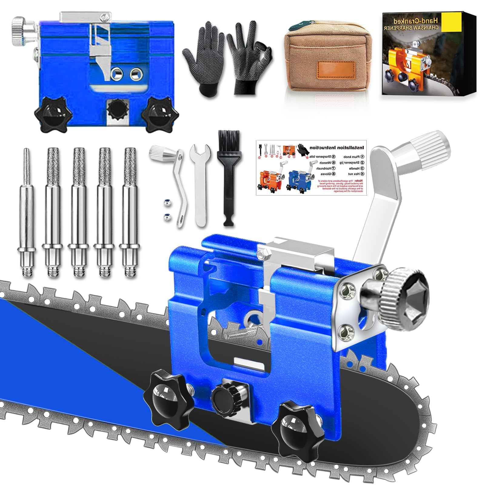 Chain Saw Sharpening Jig, Chain Saw Sharpener Tool with 5Pcs Tungsten Carbide Chainsaw Sharpener Bits, Blue Portable Manual Chainsaw Chain Sharpening Jig Kit for 4"-22" Chain Saws,