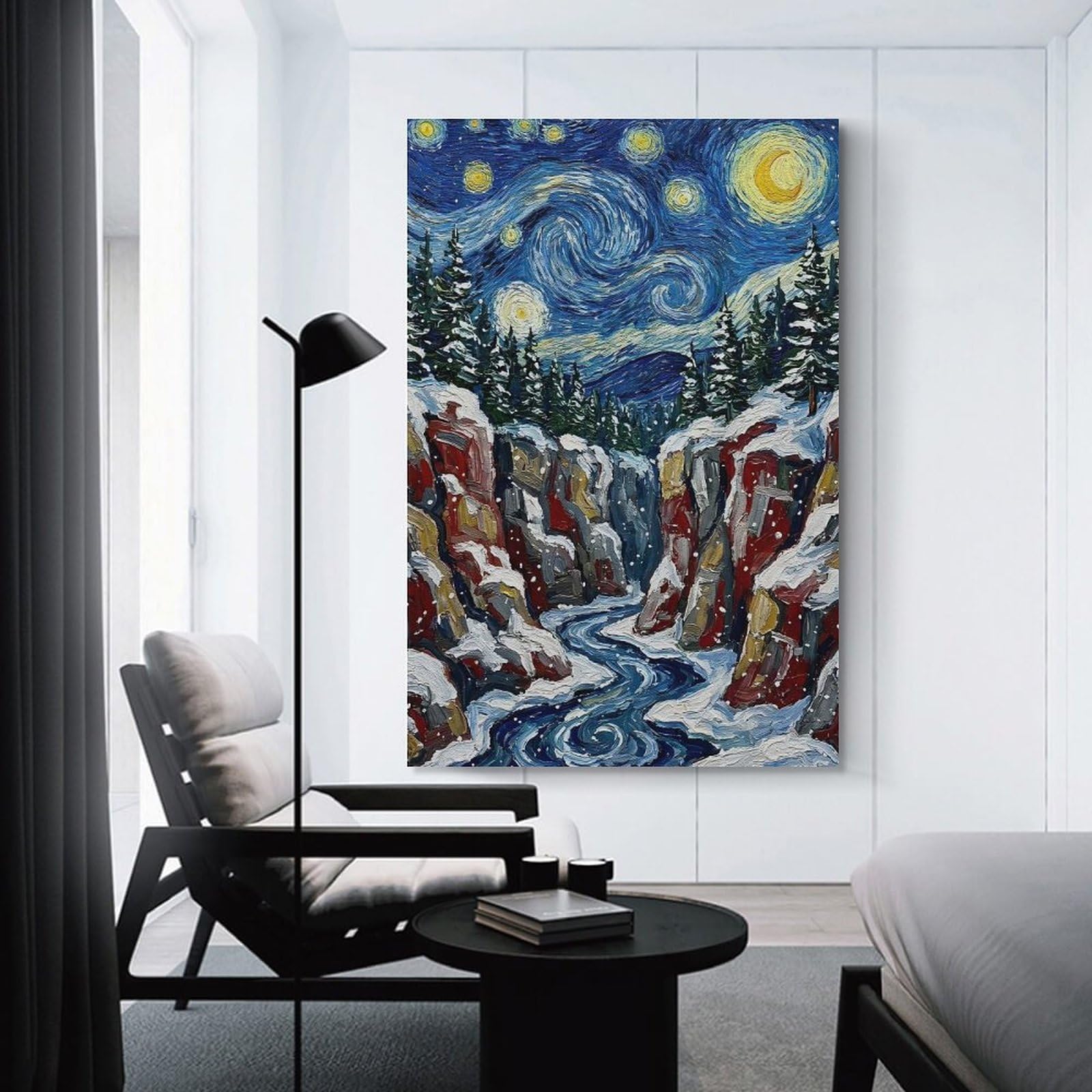 Junmoney Winter Canyon Starry Night Painting Hanging Wall Art 20x30inch(50x75cm), for Front Hall, Corridor Or Welcome Spaces, Wall Decor to Refresh Empty Corners