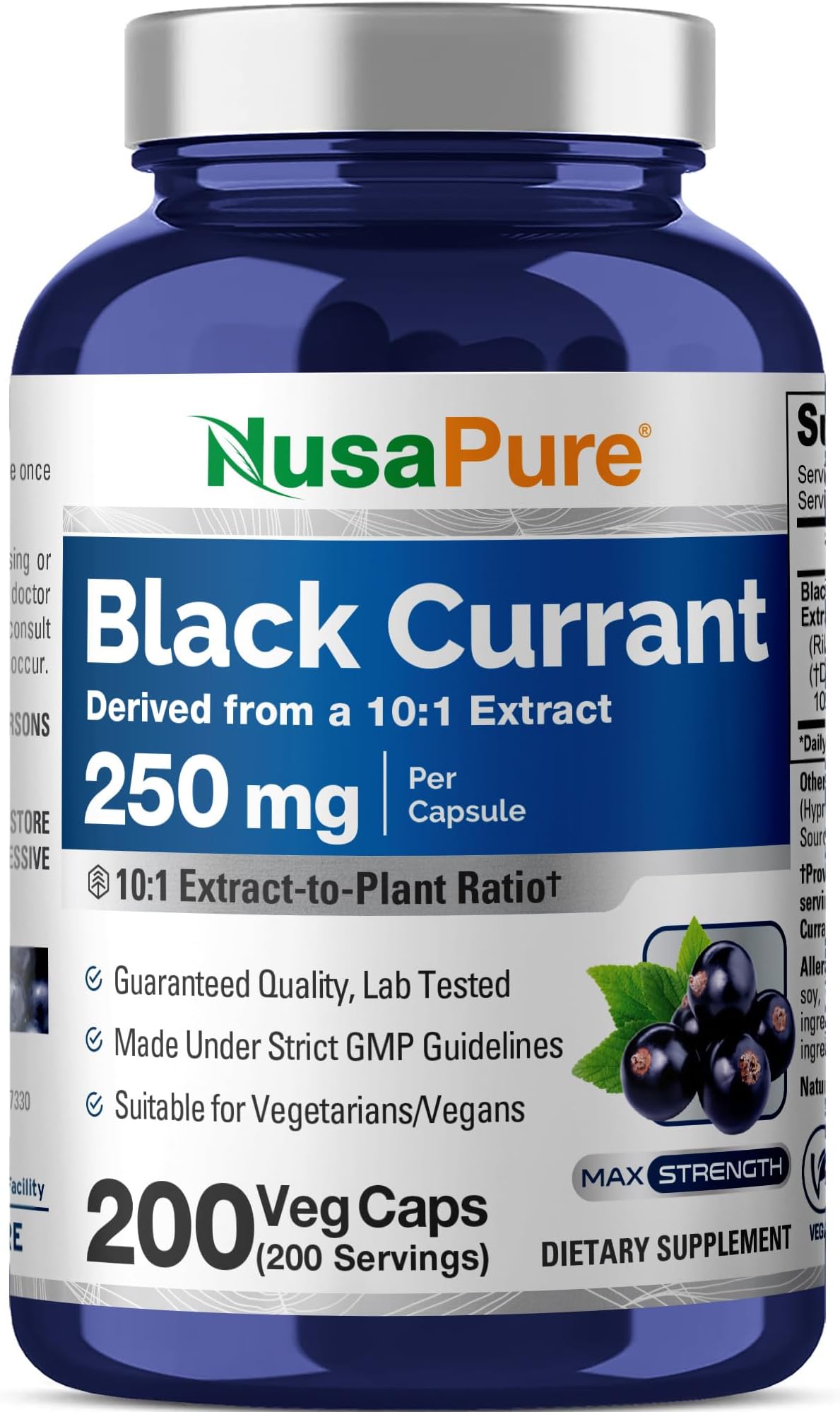 NusaPure Black Currant Capsules, 250 mg, 200 Veg Capsules (Non-GMO, Vegan)