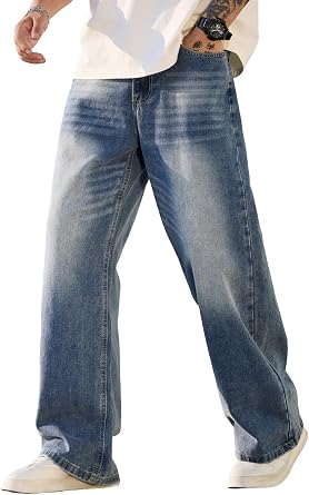 Mens Baggy Jeans Y2K Vintage Wide Leg Denim Pants Hip Hop Skater Jeans Loose Fit Trousers 2000s Streetwear