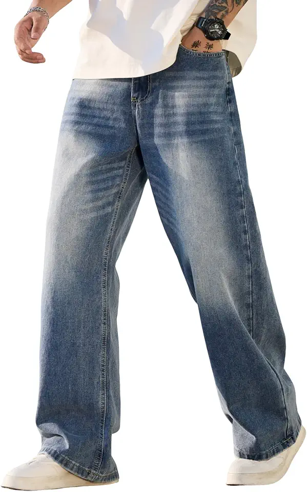 QGRSWBC Men's Baggy Jeans Y2K Vintage Wide Leg Denim Pants Hip Hop Skater Jeans Loose Fit Trousers 2000s Streetwear