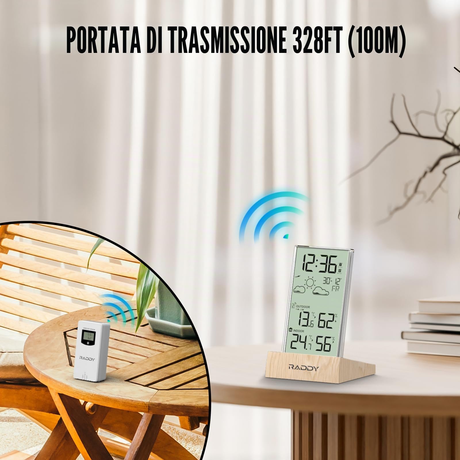 Raddy V5 Stazione meteorologica wireless,Termometro & Igrometro interno/esterno, LCD 5" Temperatura & Umidità, Previsioni meteo & sensore remoto, Cornice in acrilico trasparente