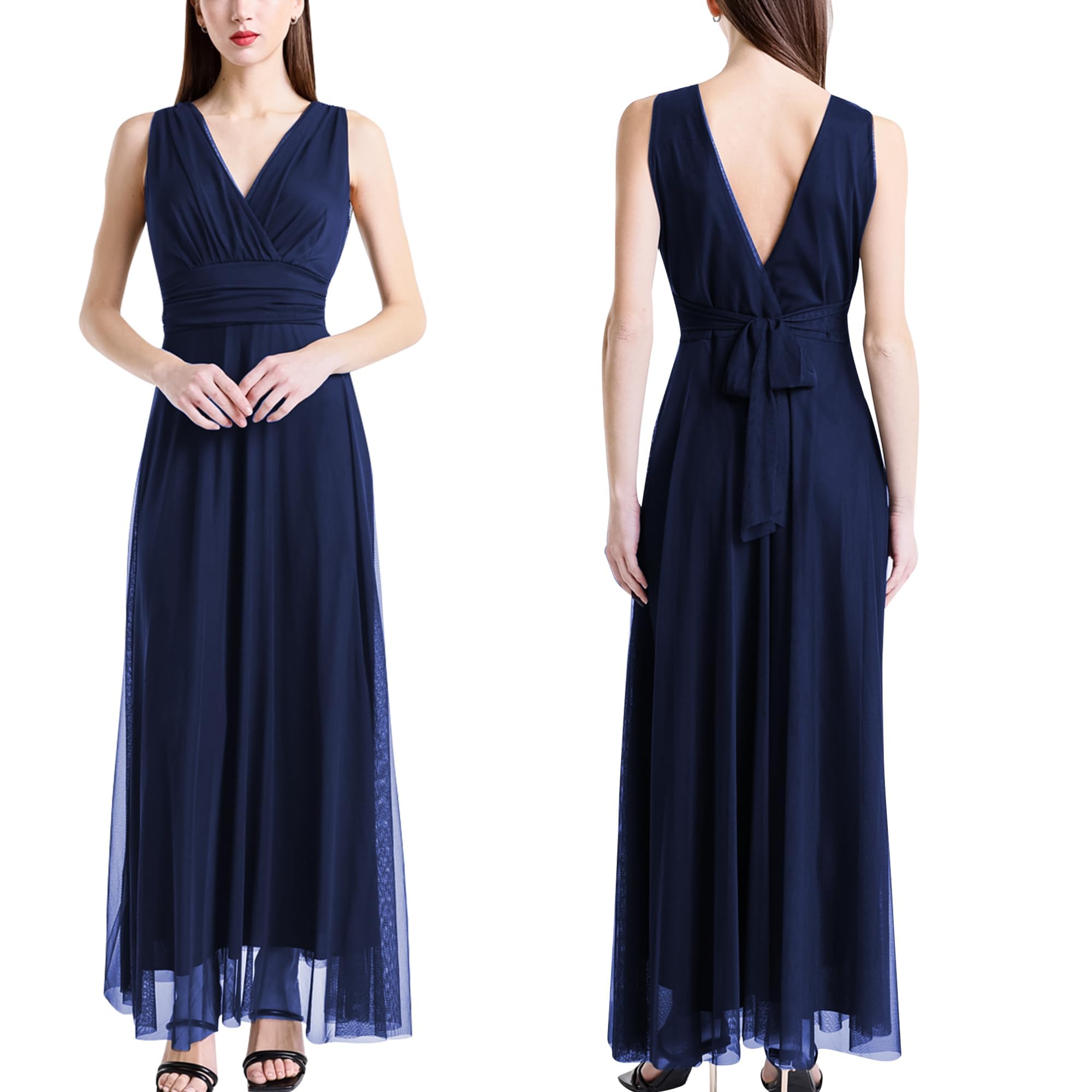 Vestido largo de ceremonia para mujer, de tul, elástico, cuello en V, fabricado en Italia