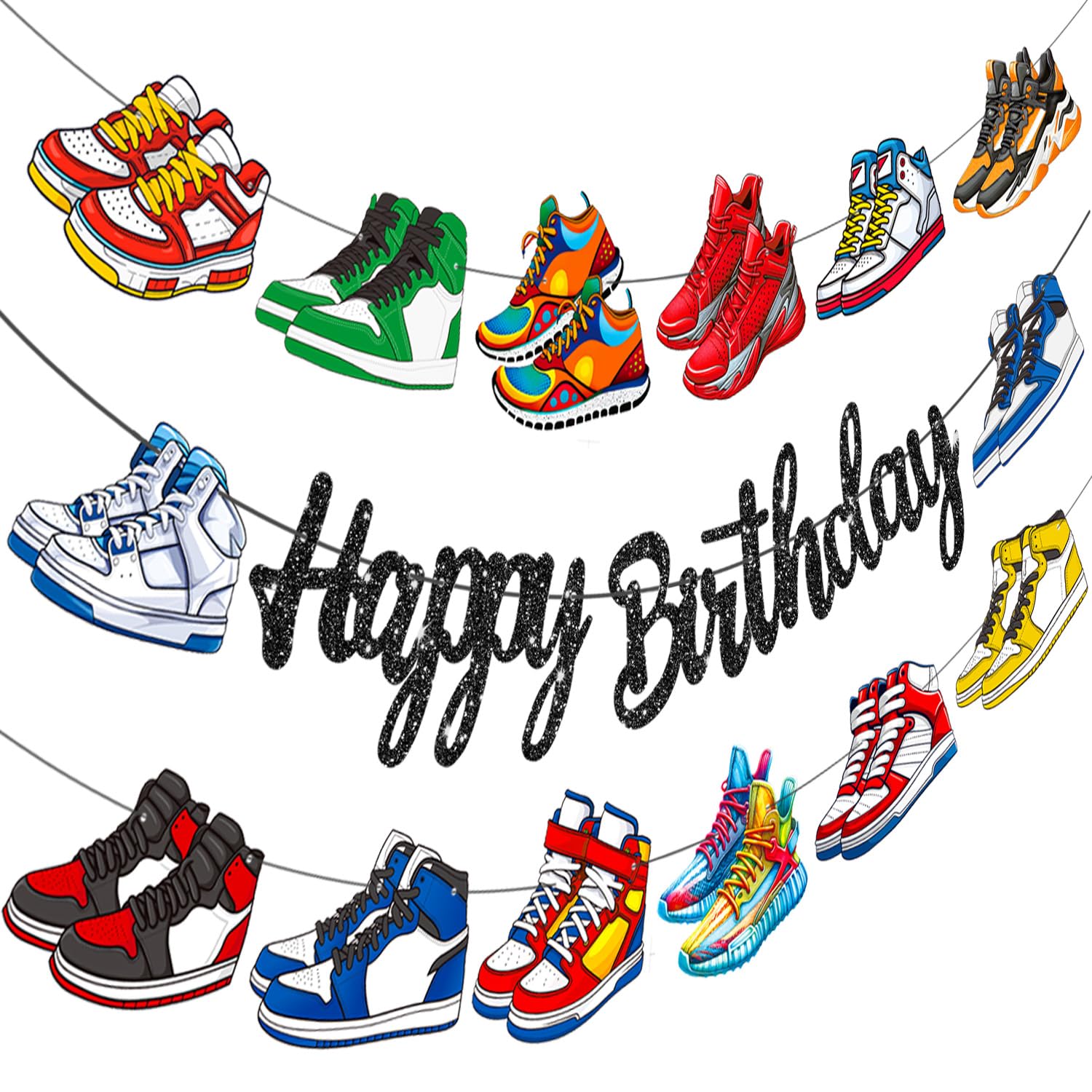 Glitter Black Sneaker Happy Birthday Banners 3Pcs Sports Shoes Theme Party Decorations Basketball Sneaker Party Banners for Sneakerhead Baby Shower Supplies