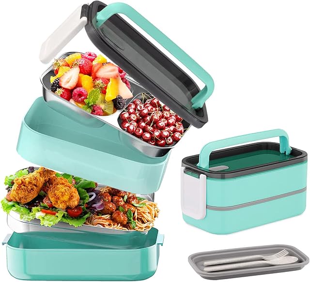 XINLIARY 1400 ML Stainless Steel Lunch Box, Double Layer Bento Box, Leakproof Bento Lunch Box for Adults Kids with 3 Compartments, Cutlery, Meal Containers for Microwave, Schools, BPA-Free, Green