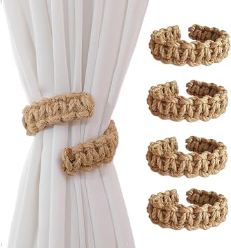 4 Pcs Curtain Tiebacks Rustic Curtain Holdbacks,Curtain Tieback Holdbacks for Drapes,Farmhouse Tie Backs for Light Sheer Curtains Khaki