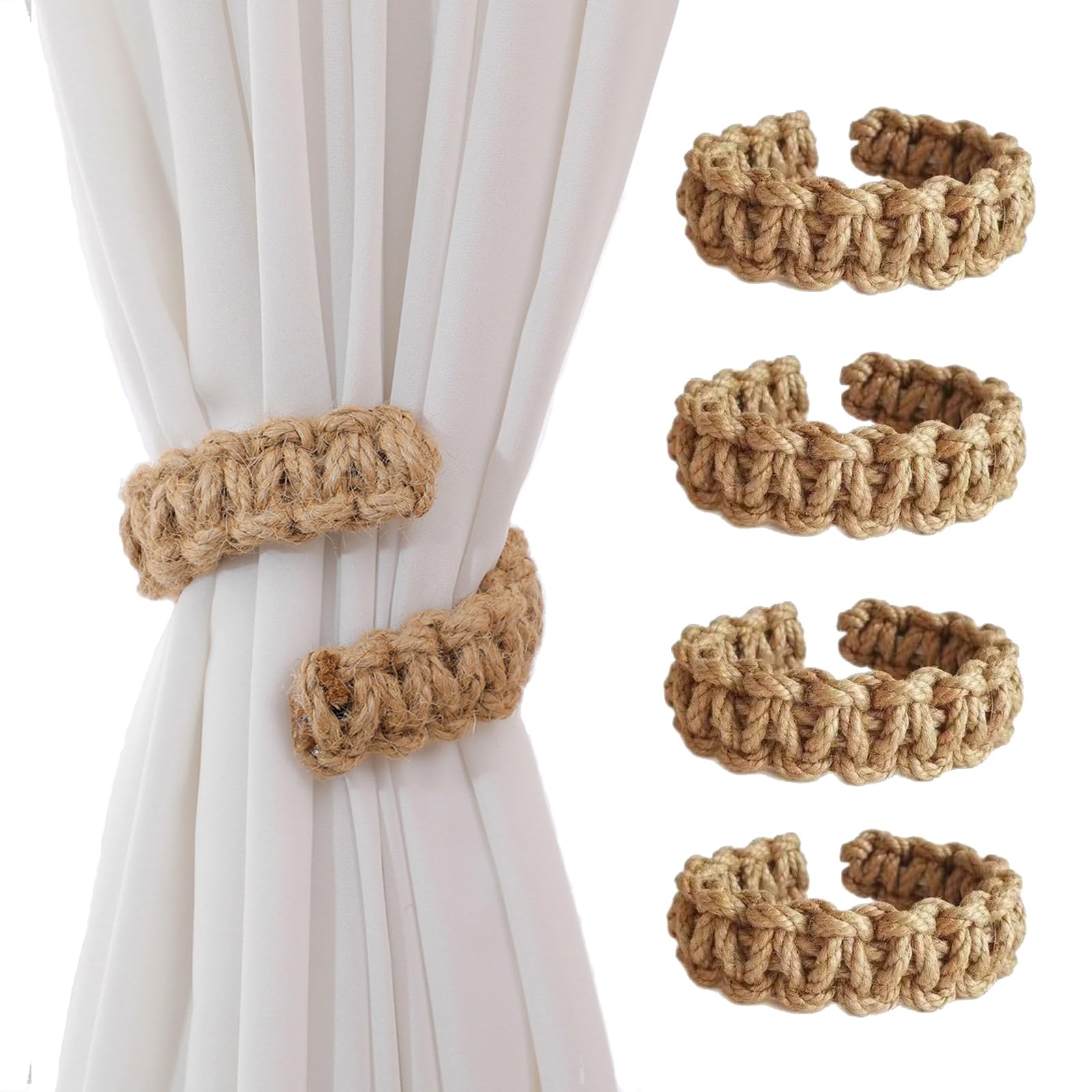4 Pcs Curtain Tiebacks Rustic Curtain Holdbacks,Curtain Tieback Holdbacks for Drapes,Farmhouse Tie Backs for Light Sheer Curtains (Khaki)