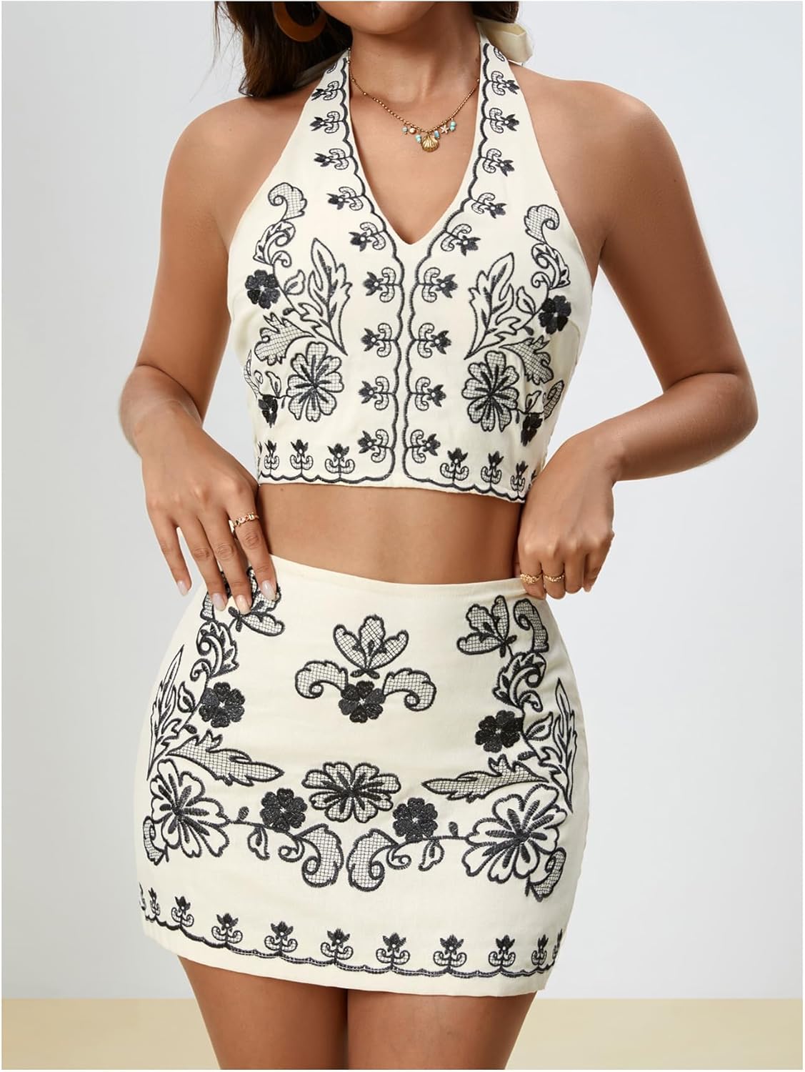 MakeMeChic Women's 2 Piece Skirt Set Cowboy Chic Halter Linen Vacation Set Floral Embroidery Outfits - Image 3