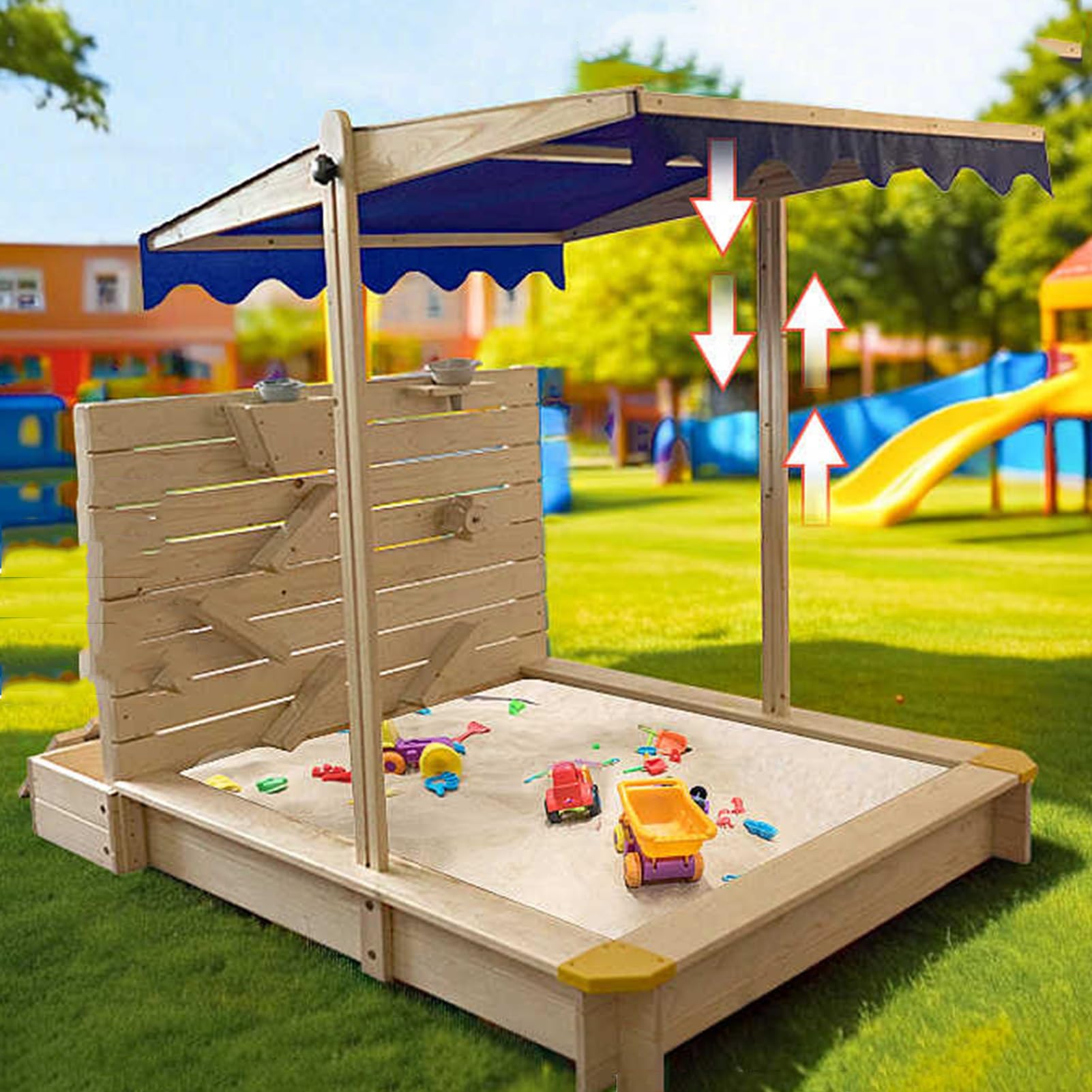 GKPSSURV Arenero de Madera con Caja de Almacenaje, Caja de Arena con Toldo Ajustable, Cubierta Impermeable, Forro Inferior, Caja de Arena para La Playa