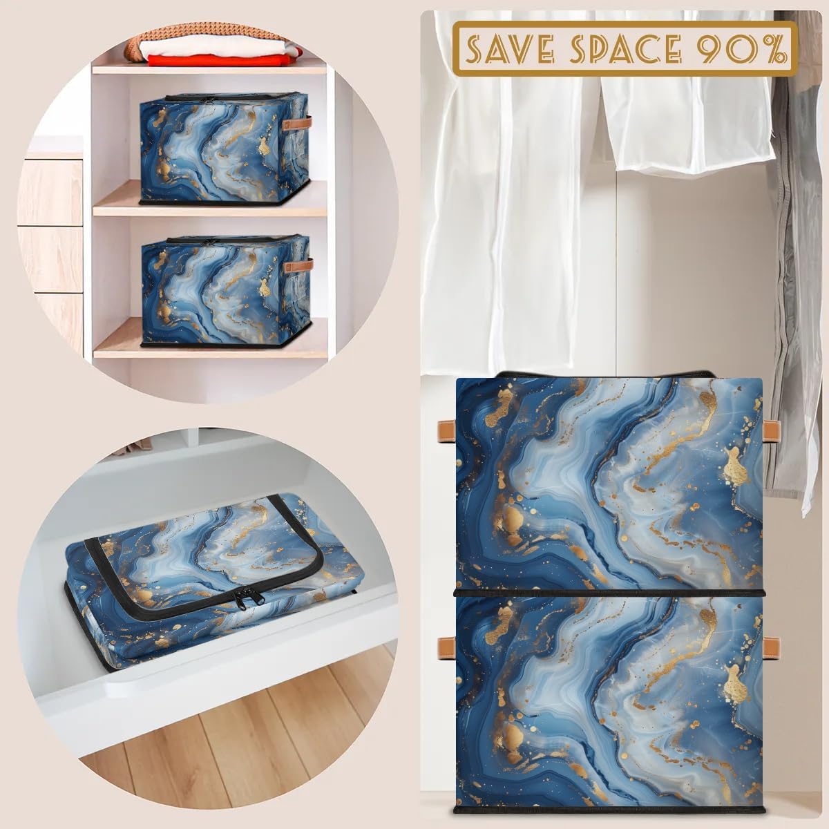 Marble Blue Gold Storage Bins with Zipper Lid 2pcs Stackable Storage Baskets Boxes with Metal Frame Closet Storage Cube Bin Organizer with PU Handles Clothes Storage Bag