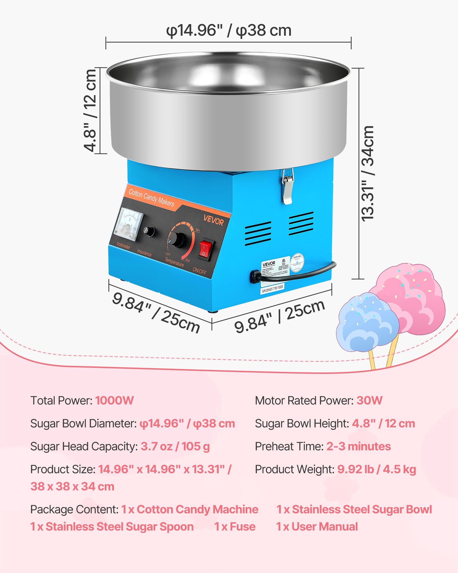 VEVOR Macchina Zucchero Filato Commerciale, Elettrodomestici per Zucchero Filato da Cucina Potenza Totale 1000 W con Ciotola in Acciaio Inox da 38 cm, Feste Eventi Carnevale, Blu
