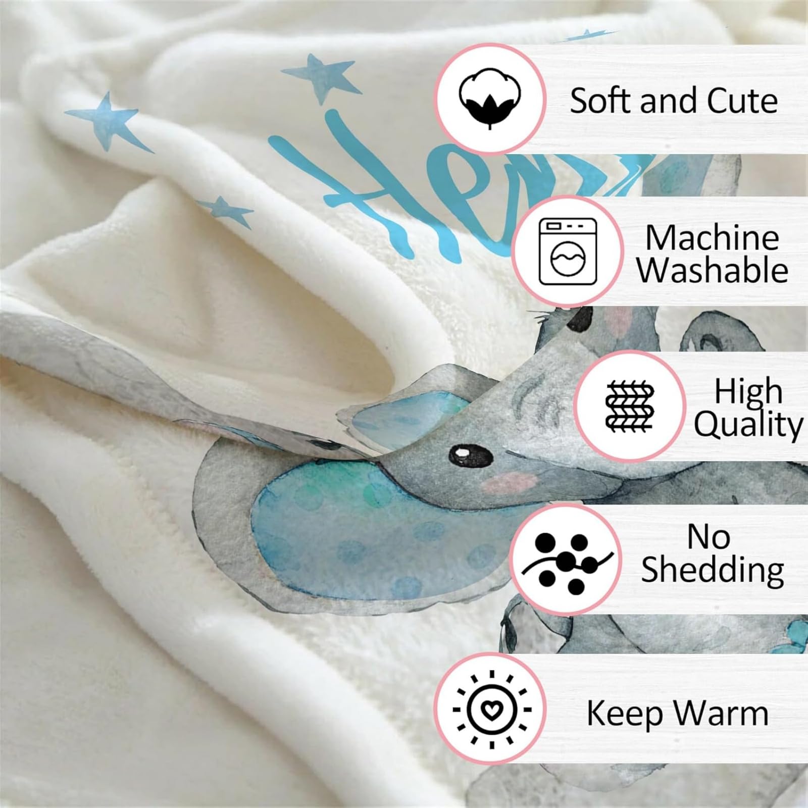 Babydecke mit Namen Personalisiert,Flauschige Warme Kuscheldecke mit Namen und Geburtsdatum Elefant,Geschenk Baby Taufe Geburt Mädchen Junge für Kinderdecke Namensdecke Krabbeldecke