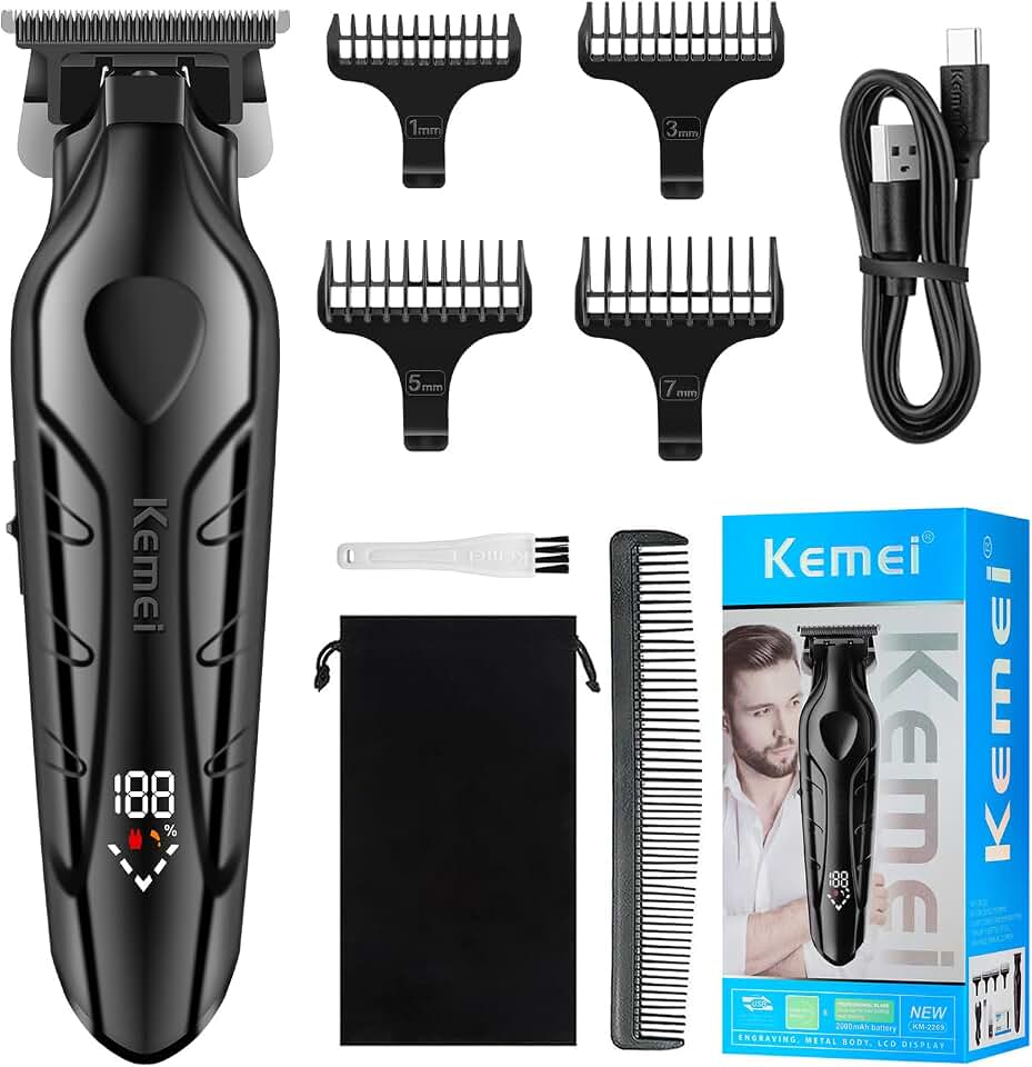 KEMEI Aparador de Cabelo Profissional Sem Fio para Homens, Kit de Cortes de Cabelo de Barbeiro, Aparadores de Lâmina em T com Abertura Zero e Tela LED, KM-2269