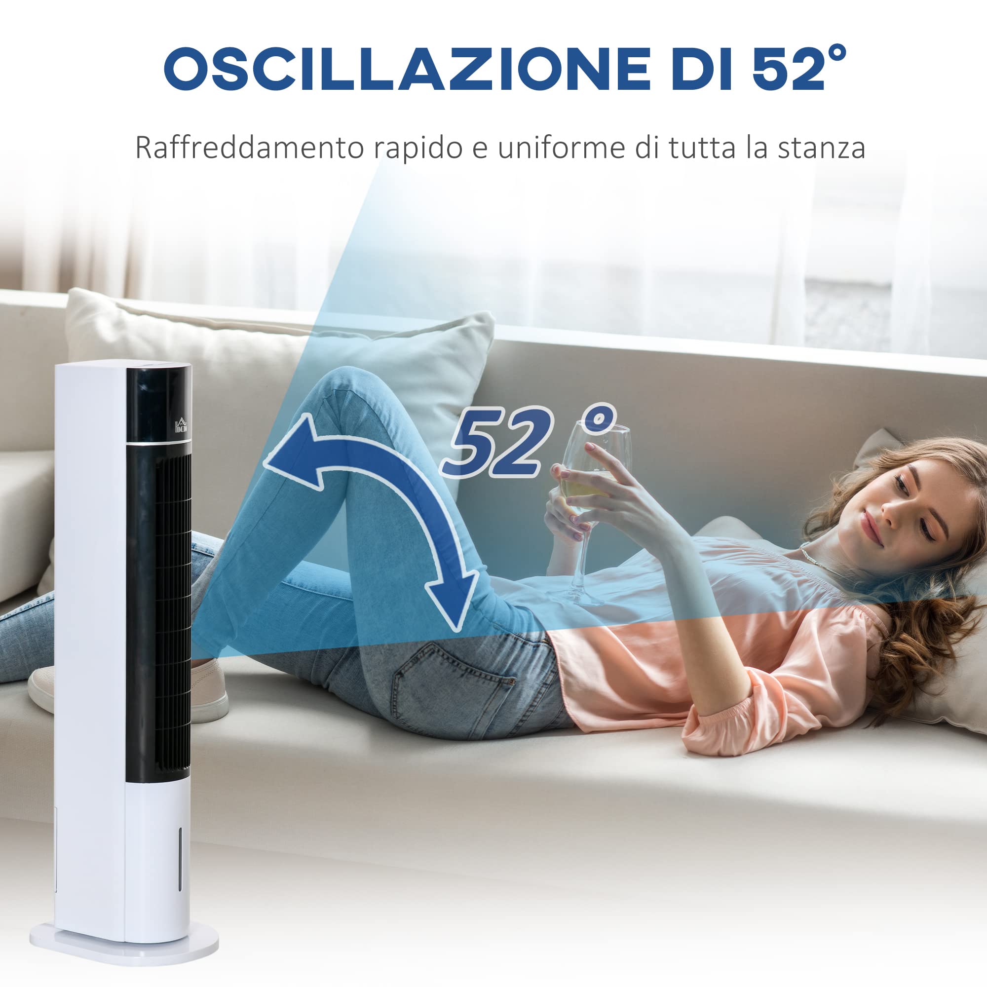 HOMCOM Ventilatore a Torre Raffrescatore Evaporativo 3 Modalità e 3 Velocità, Raffreddatore d'Aria Portatile con Timer, Oscillazione e Telecomando, 60W, Bianco