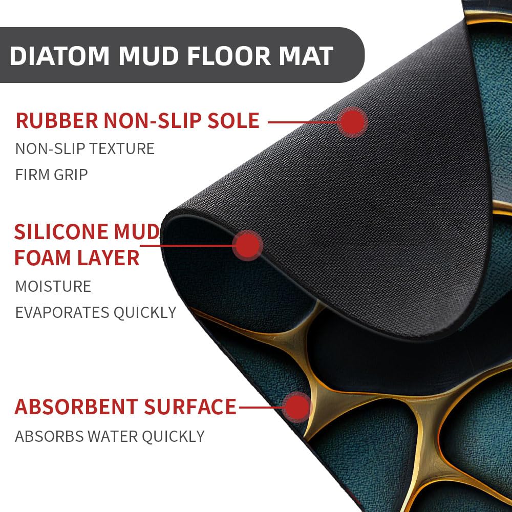 ZHUZHISHAN Diatomaceous Earth Bath Mat,Blue and Gold Stones Non-Slip Volume Super Absorbent Fast Drying for Bathroom Kitchen mat,Eco-Friendly Easy to Clean 16×24Inch (40 * 60cm)