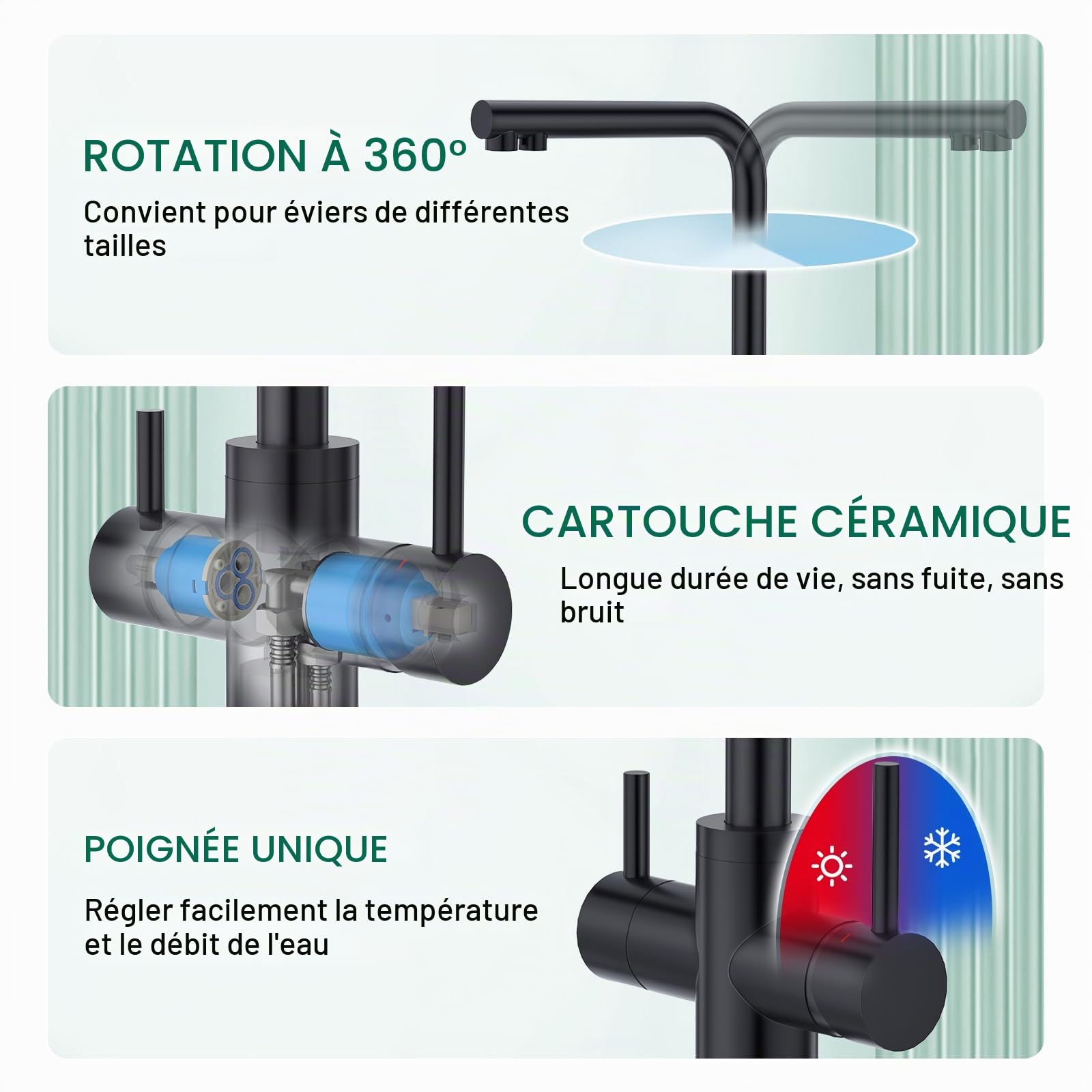 CREA Robinet de Cuisine 3 voies, Robinet d'évier rotatif à 360 °,Mitigeur 3 Voies Cuisine Avec 2 Leviers,3 en 1 Robinet Évier De Cuisine Avec Sortie Eau Filtrée,Noir Mat