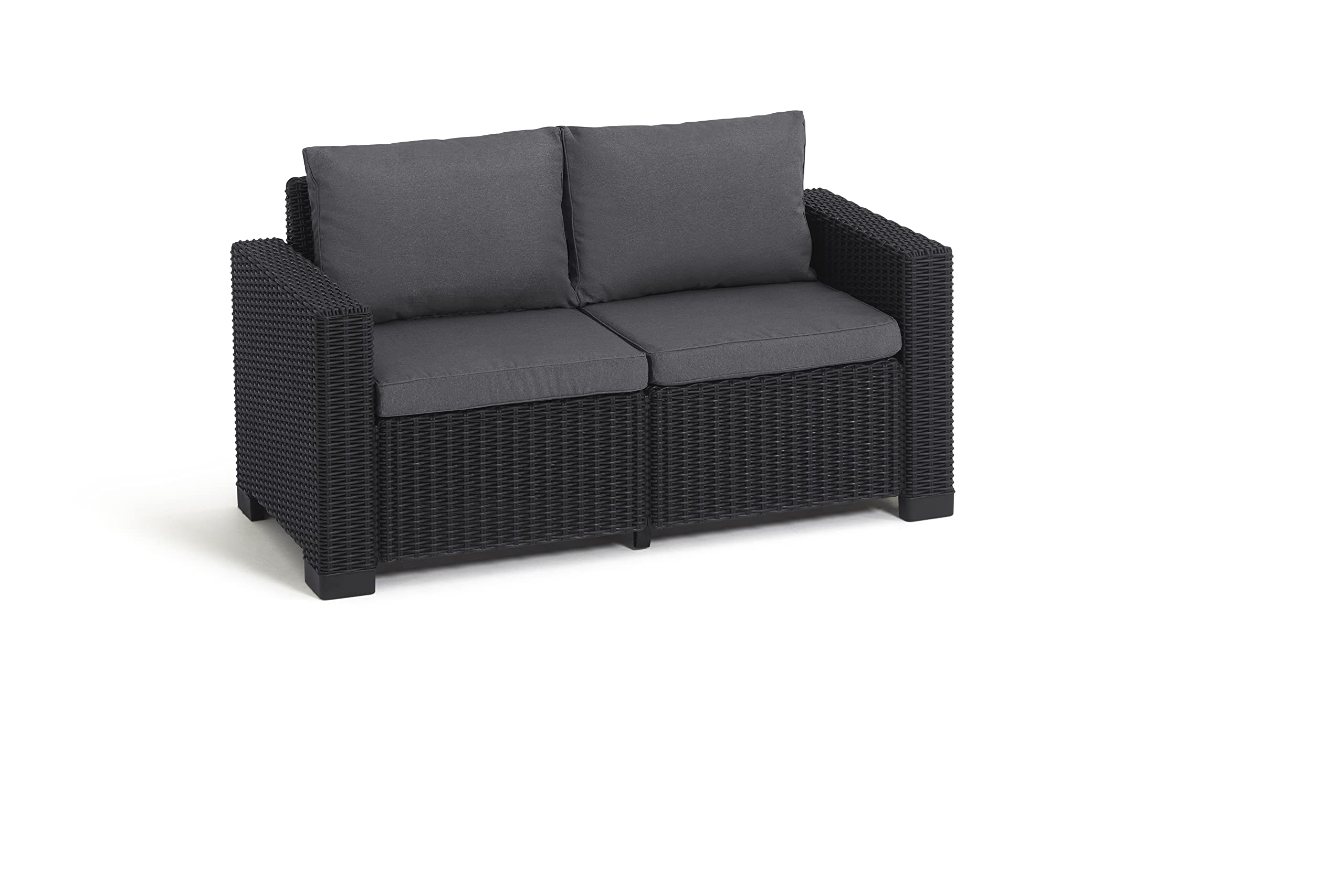 Keter Allibert by Gartenlounge Sofa California 2-Sitzer, Graphit/cool Grey, 141x68x72 cm & Allibert by Cube Hocker mit Stauraum, grau, inkl. Kissen, Deckel abnehmbar, 42x42x39cm