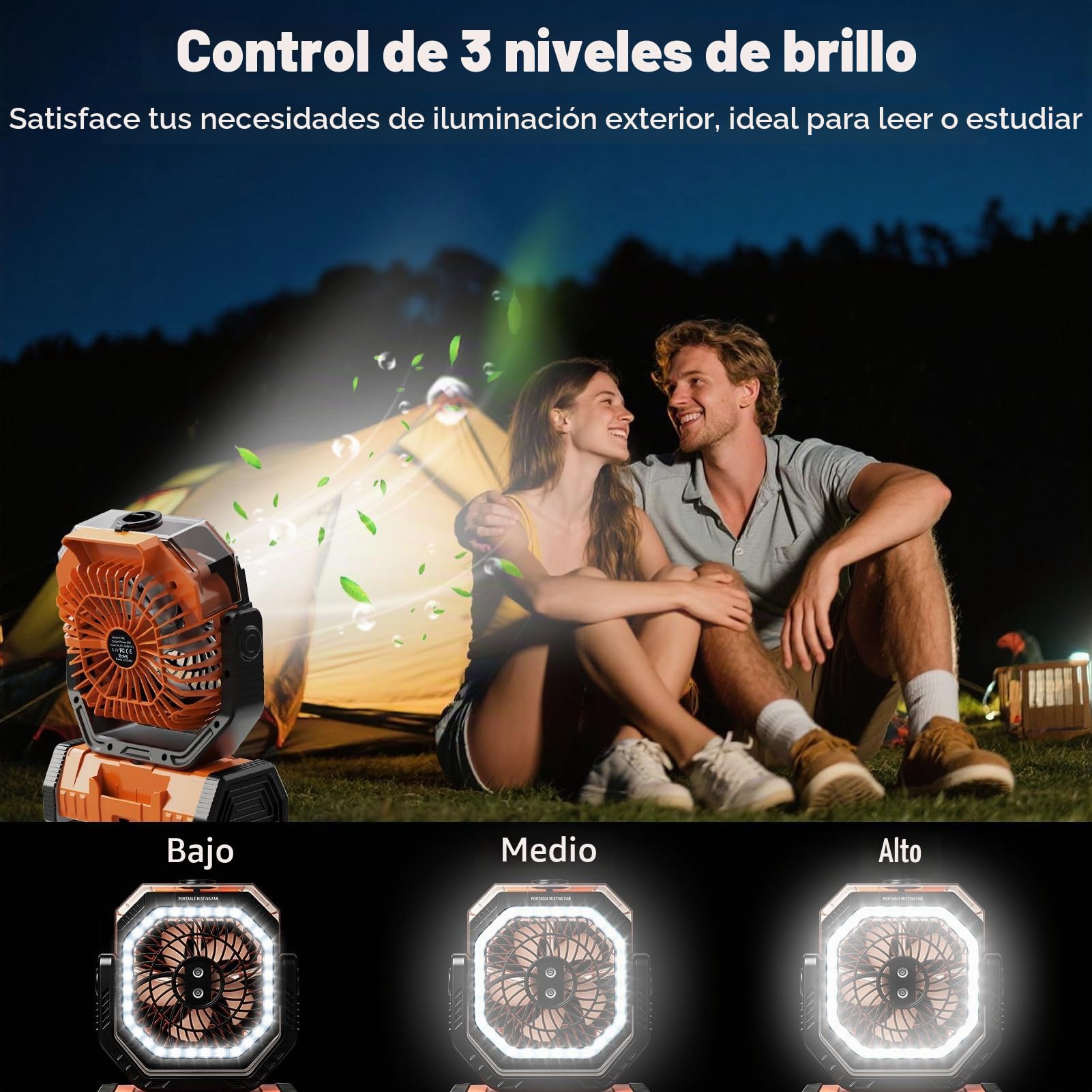 Ventilador Camping 20000mAh con Mando, Ventilador Portátil Recargable con Inclinación Manual 270° y Oscilación Auto 45°/90°, 4 Velocidades, 3 Luces LED, para Interior, Campaña, Playa (Naranja)