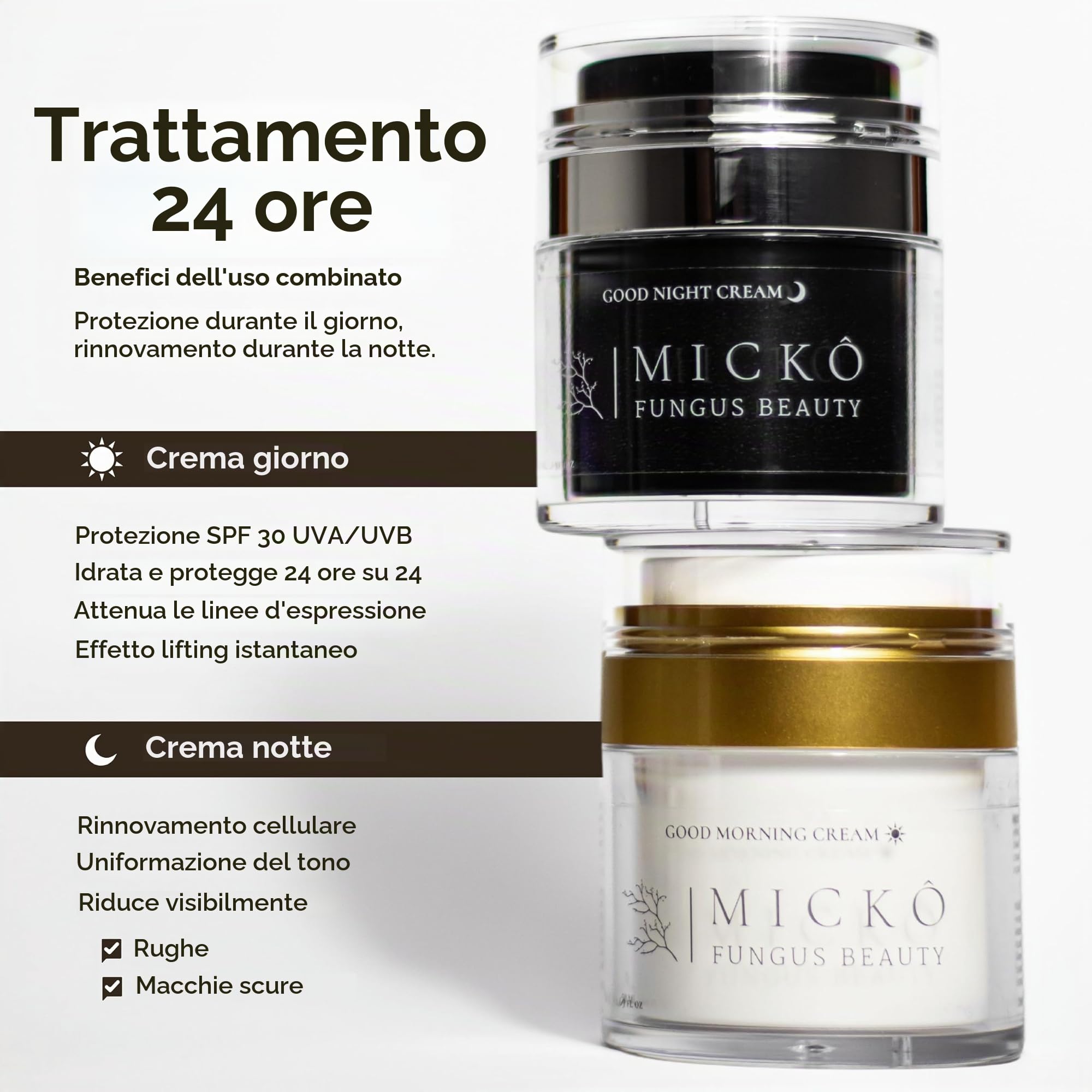 MICKÔ Set Creme Viso Donna e Uomo, Crema Giorno Idratante con Niacinamide, Bakuchiol e Vitamina C, SPF30, Crema Giorno Antirughe Coreana, Crema Notte al Retinolo per Macchie, Confezione 50ml