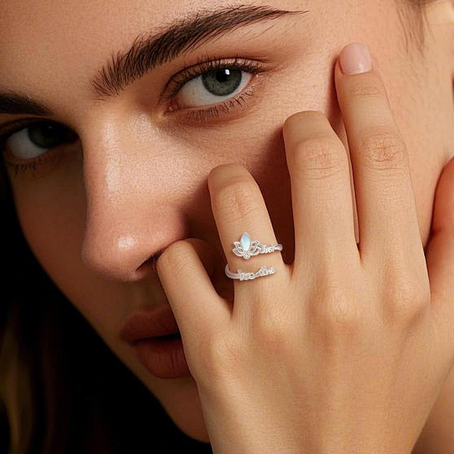 ONEFINITY Just Breathe Ring 925 Sterling Silver Lotus Moonstone/Semicolon Amethyst Opal Adjustable Thumb Open Ring Anxiety Mental Health Awareness Inspirational Jewelry Gifts for Women Mom Grandma - Image 3