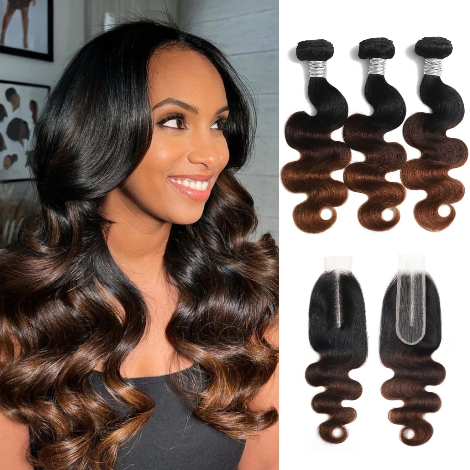 AUROO T1B/2/30 Chestnut Brown Ombre Human Hair Bundles Body Wave, 10A Thick Track 100% Virgin Human Hair Bundles Dark Roots Bundle 3 Tone Ombre Medium