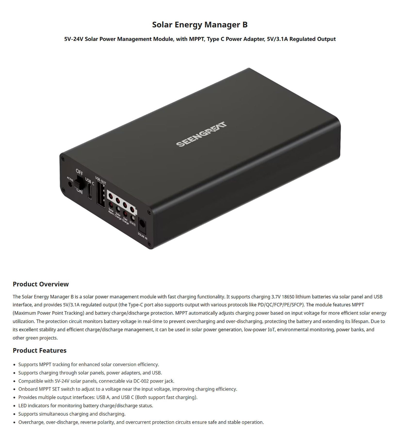 Solar Energy Manager B: MPPT Cargador solar y módulo de carga rápida para proyectos Raspberry Pi, con adaptador tipo C y salida 5V3.1A