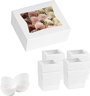 [15PK] Strawberry Treat Boxes for Valentines Day, Easter| Chocolate Covered Strawberry Boxes| 8x8x2”, Clear Window, Holds 8-12 Strawberries, Sturdy, Professional with 180 Strawberry Holder Papers