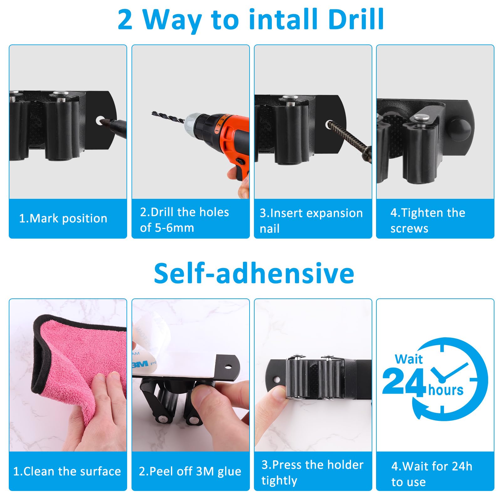 Porta Scope Parete, 5 Supporti e 4 Ganci Appendi Scope a Muro Acciaio Inossidabile per Bagno, Cucina, Garage, per Attrezzi da Giardino Nero 2 Pezzi