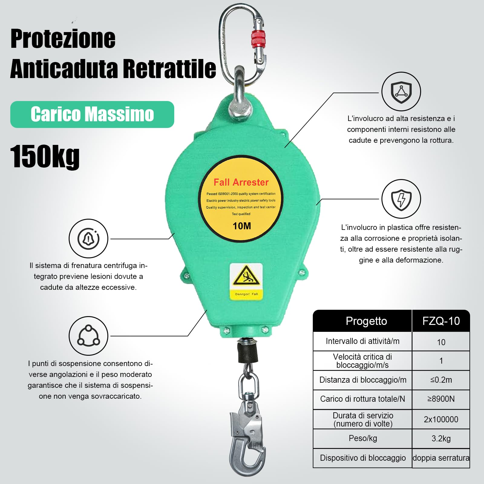 Dispositivo Anticaduta Retrattile, Imbracatura di Sicurezza Anticaduta, Dispositivi Sicurezza con Funzione di Blocco Automatico, Imbracatura Anticaduta per Lavori in Quota(Verde,10m)