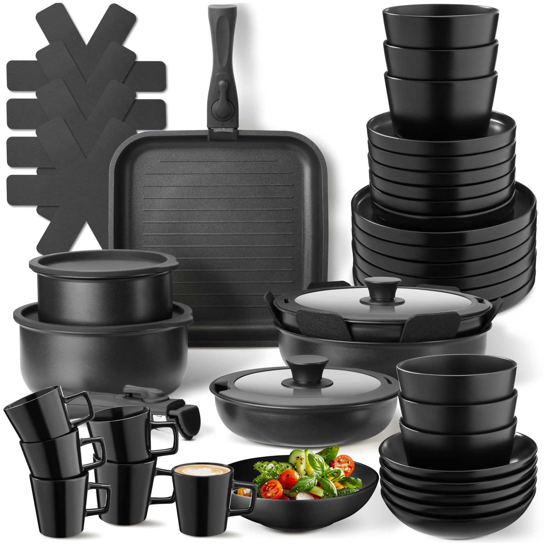 tectake® Set de cuisine 47 pièces, Service de table 6 personnes et Batterie de cuisine, Poêles Casseroles Service vaisselle Assiettes petites et grandes Assiettes creuses Bol Tasse Vaisselle en grès