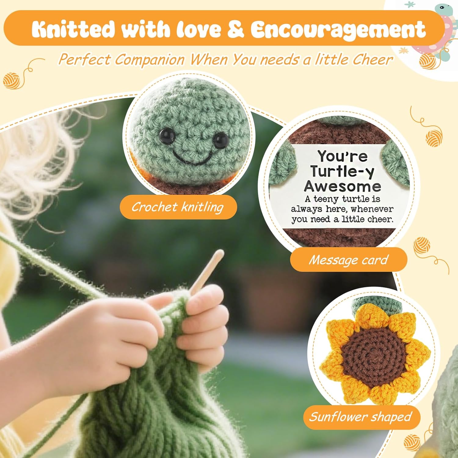 Funny Positive Turtle Gifts – Handmade Crochet Animal Plush with Positive Message – Cute Small Gift for Women,Men,Kids,Coworkers – Birthday,Holiday,Desk Decor - Image 3