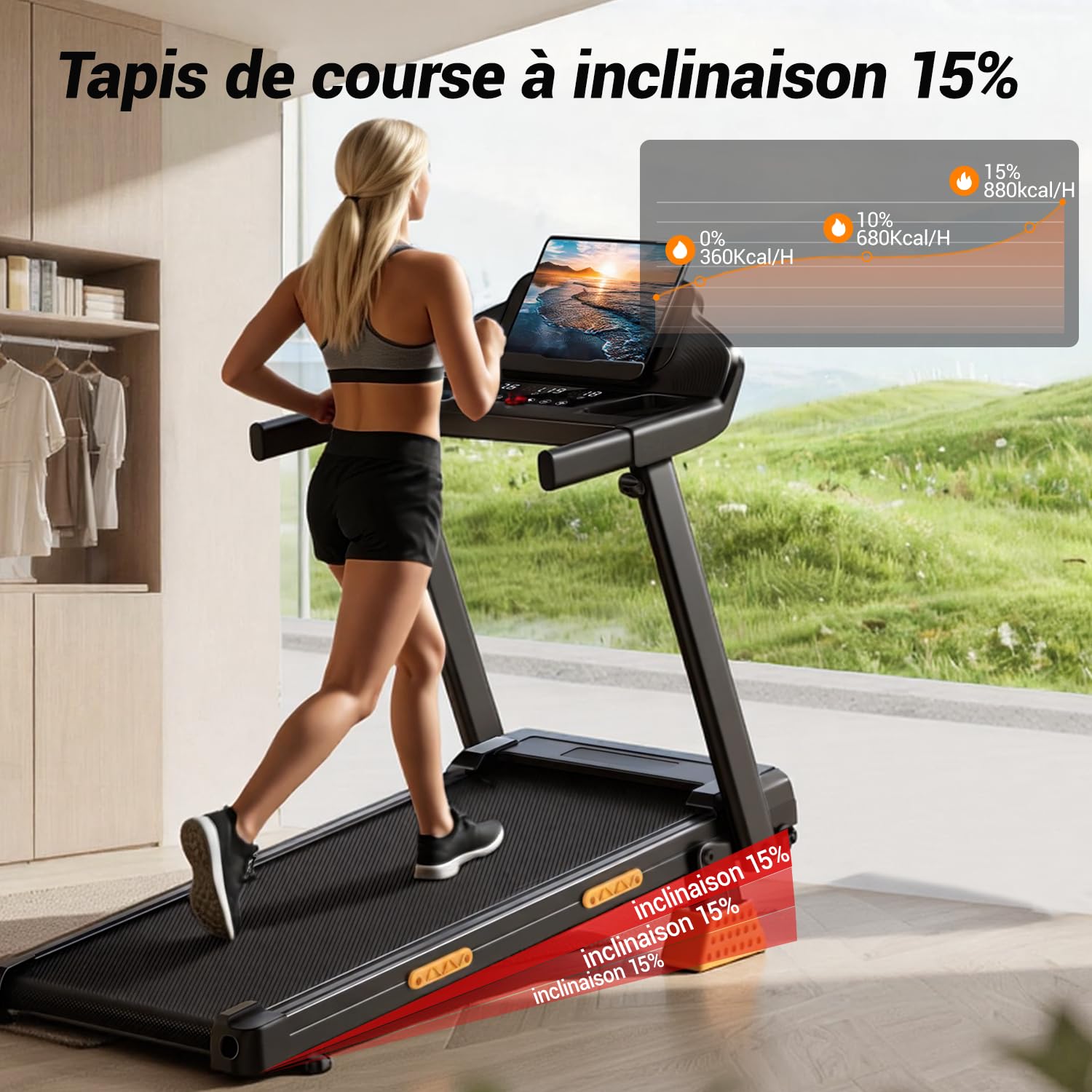 LONTEK Tapis de Course Pliable Inclinable 15% 12KM/H Moteur 3,0 CV Charge Max 136KG