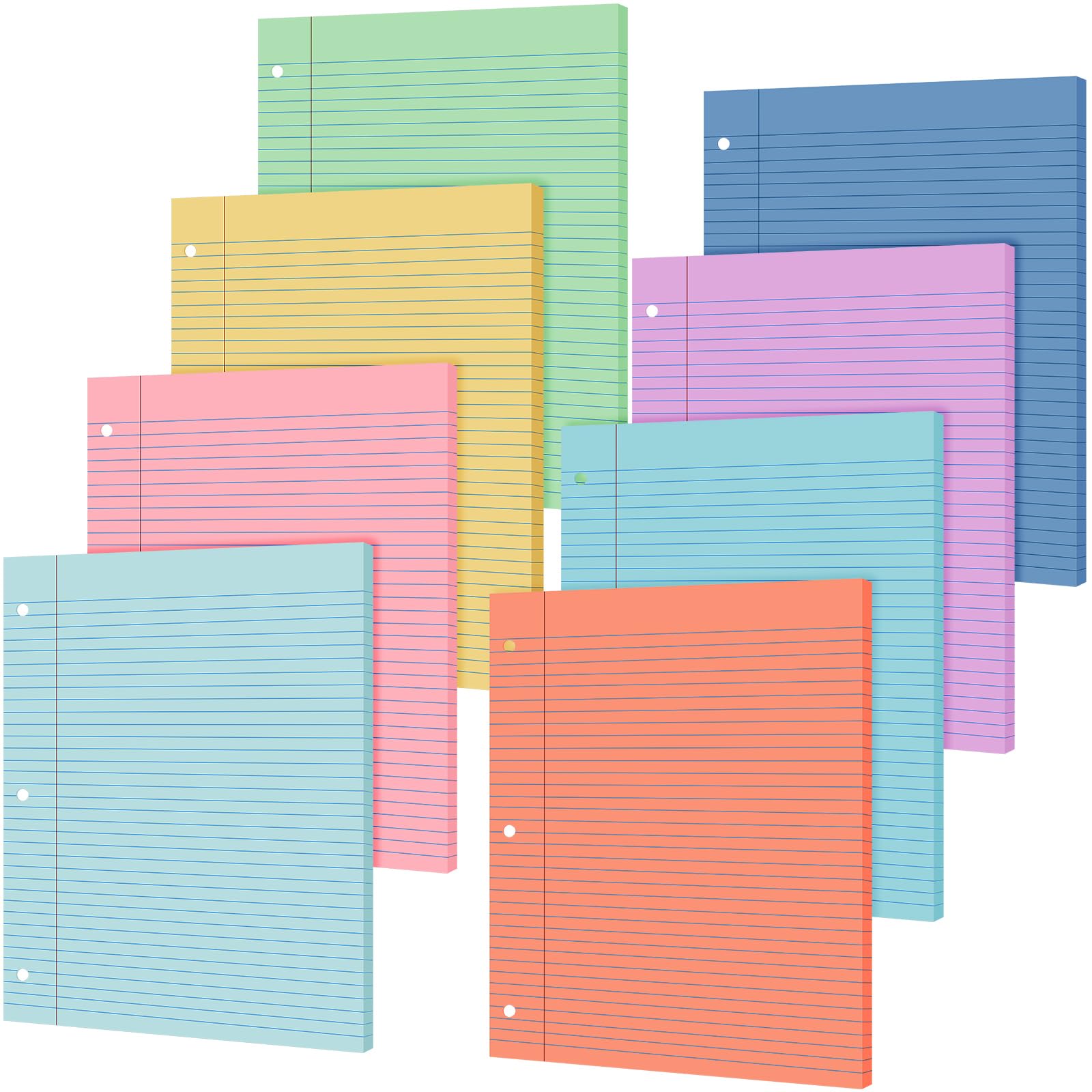 PerKoop 8 Pack 400 Sheets Colored Lined Loose Leaf Paper 8 x 10.5'' Wide Ruled, 3 Hole Punched Notebook Filler Paper for 3 Ring Binders Back School