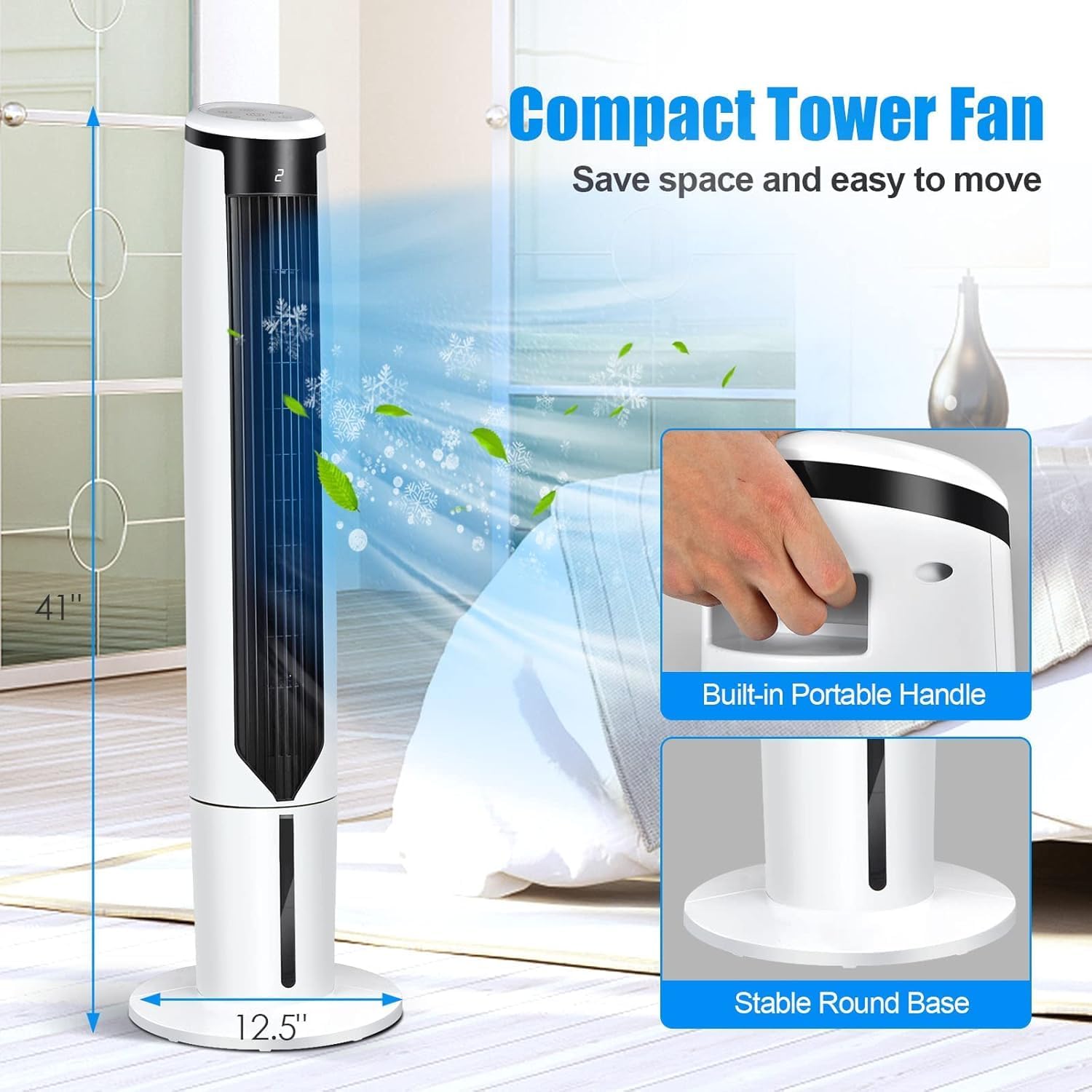 41” Oscillating Tower Fan, Bladeless Air Cooling Fan with Remote, 70° Oscillation, 3 Speeds & 3 Modes, 9H Timer, 4 Ice Packs, Portable Evaporative Air Cooler for Bedroom, Living Room, Office
