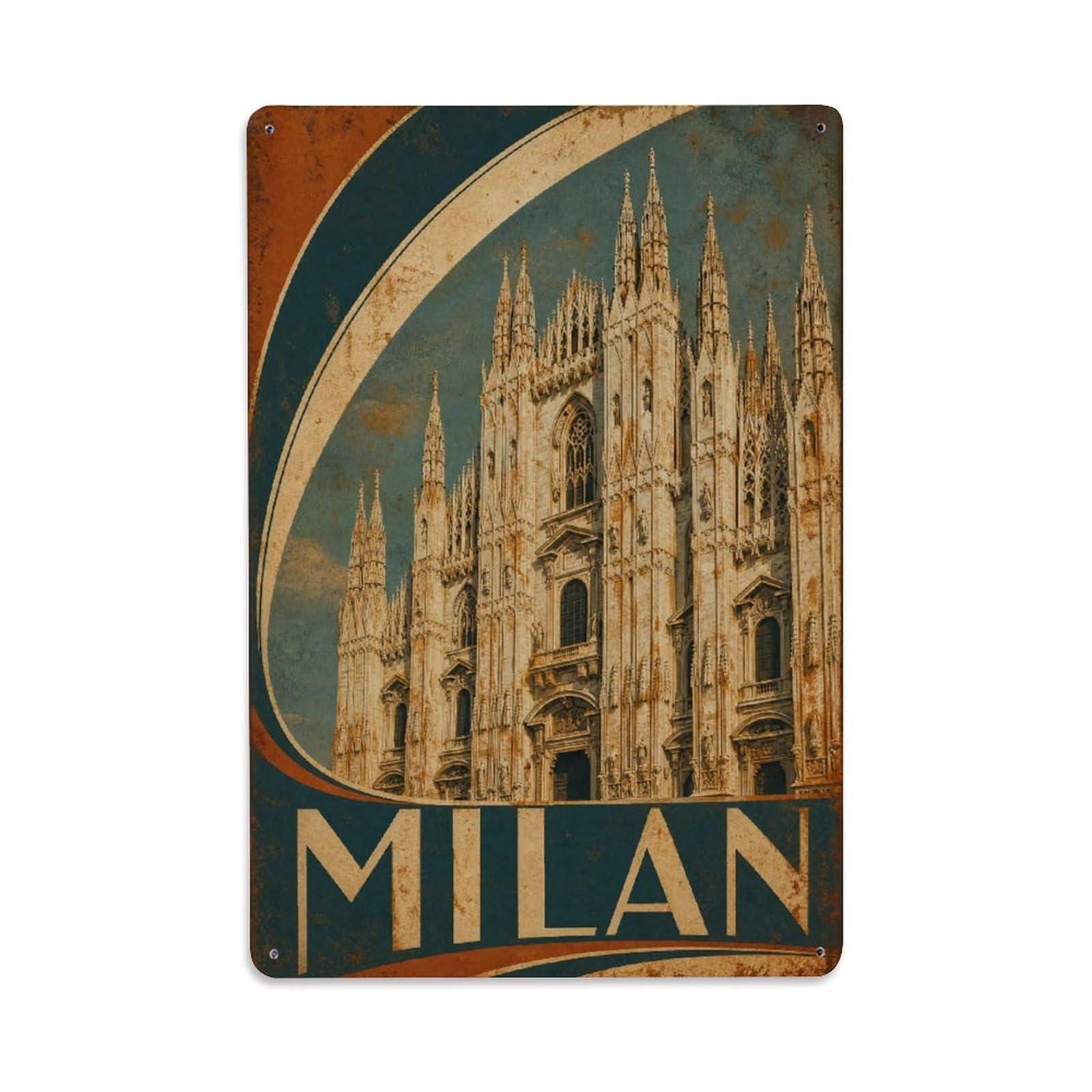 Huiyhb 8X12inch(20X30cm) Vintage Travel Milan Cathedral Facade Marble Detail Italy Metal Tin Sign