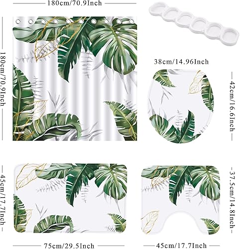 Miniatura 8 de ZYLLGLOW Juego de cortinas de ducha con hojas de tortuga verdes juego de cortinas de ducha bohemias con alfombras accesorios de decoración abstracta