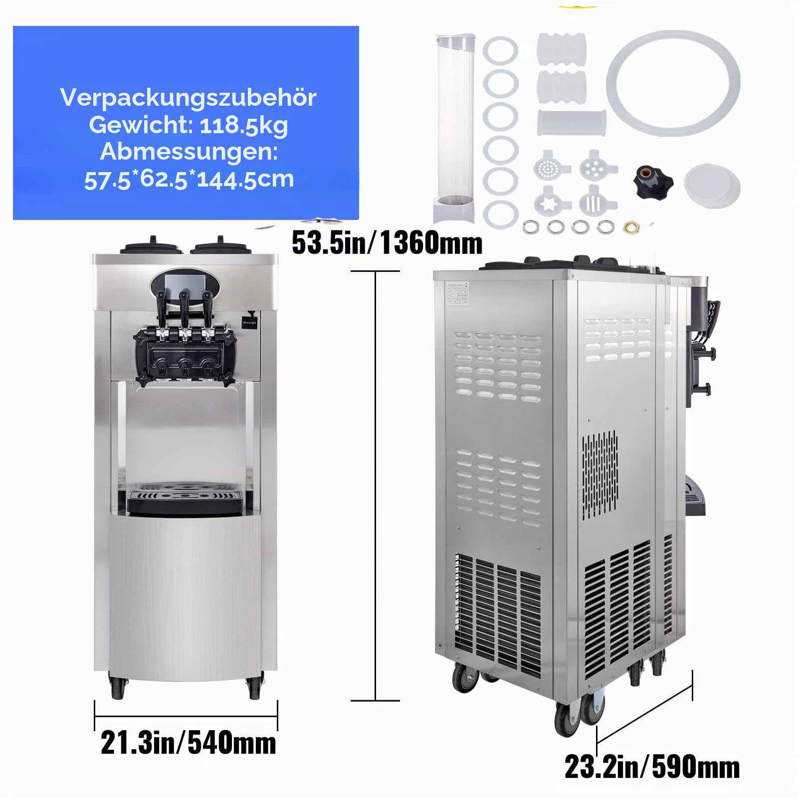 Kommerzielle Eismaschine, 20–28 L/h 2200 W, Kommerzielle Softeismaschine, Gewerbliche Eiscrememaschine mit 3 Aromen & 2 x 6L & LED-Panel, für Restaurant, Café (8228H)