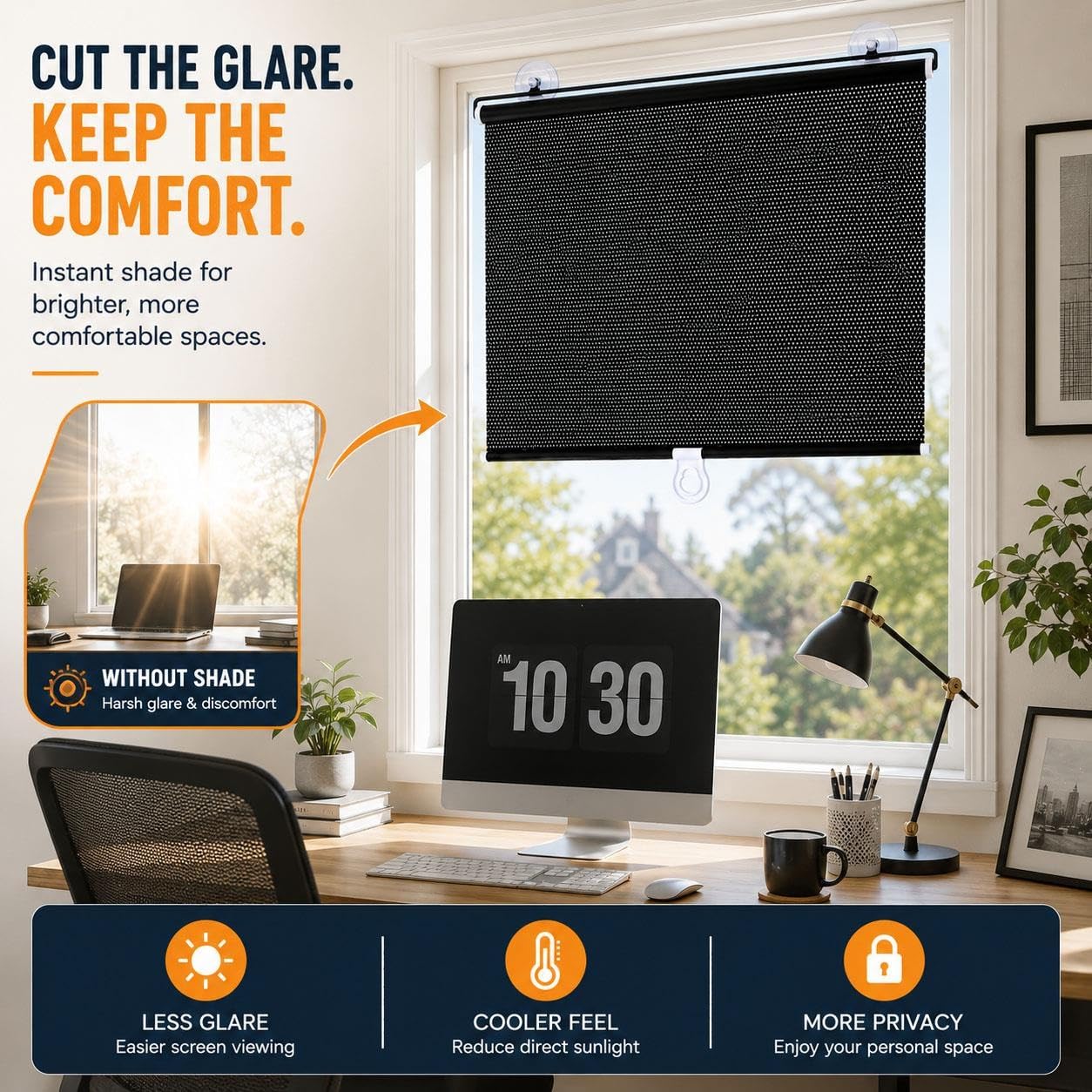 Store Enrouleur à Ventouses pour Fenêtre, sans Perçage, Pare-Soleil Rétractable, Protection UV Anti-Éblouissement et Intimité pour Chambre, Bureau, Véranda, Voiture(W 75 x 140 cm)