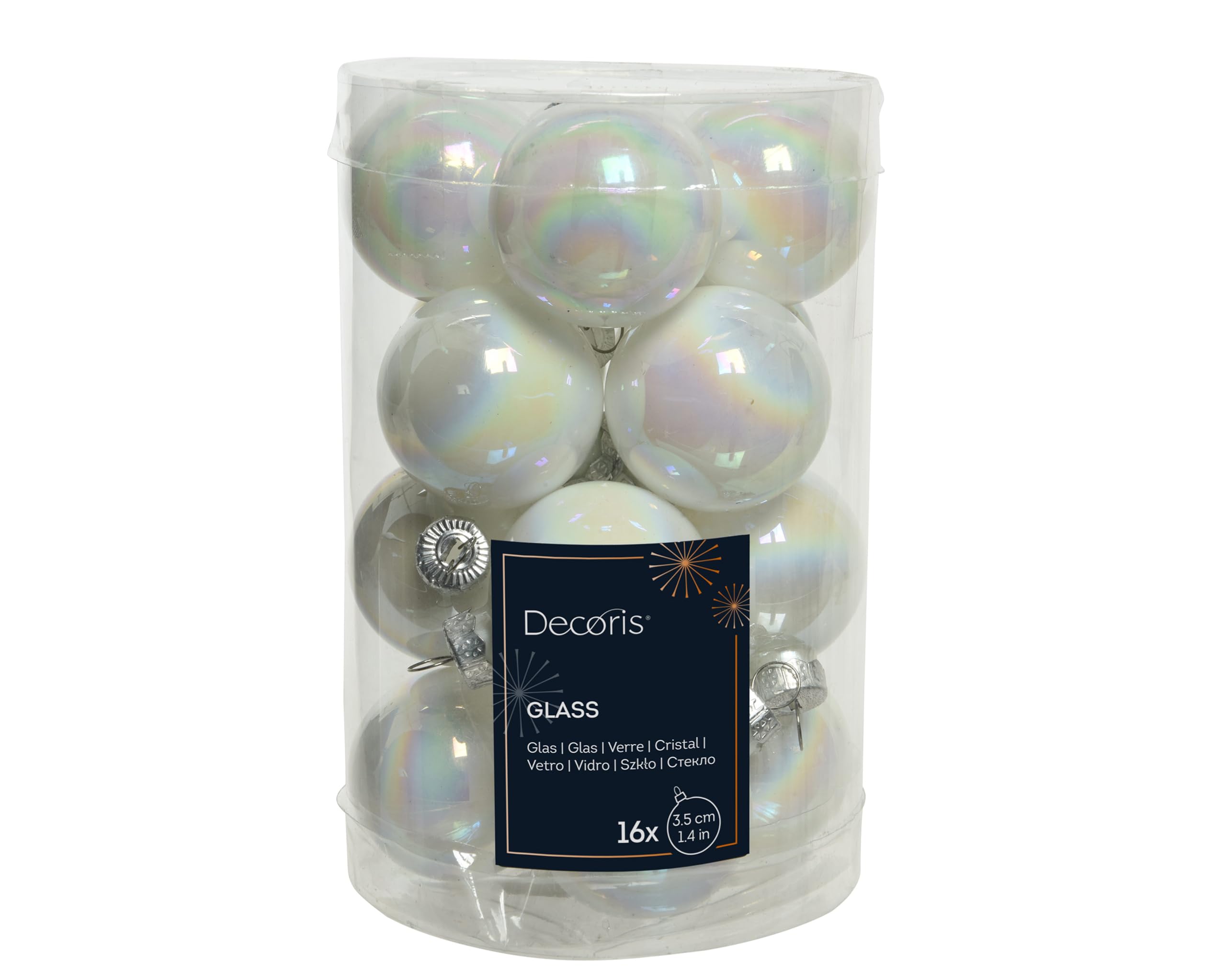 Kaemingk Christmas Baubles Glass 35 mm x 16 Pieces Small Christmas Tree Baubles White Iridescent Mother of Pearl
