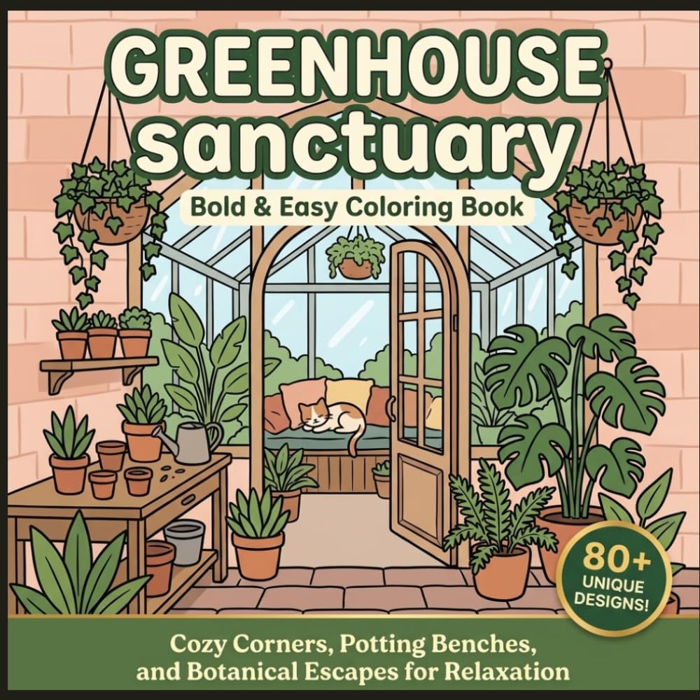 Bold and easy Greenhouse Sanctuary: An Aesthetic Square Coloring Book with 60+ Thick Outline Botanical Designs for Ultimate Stress Relief