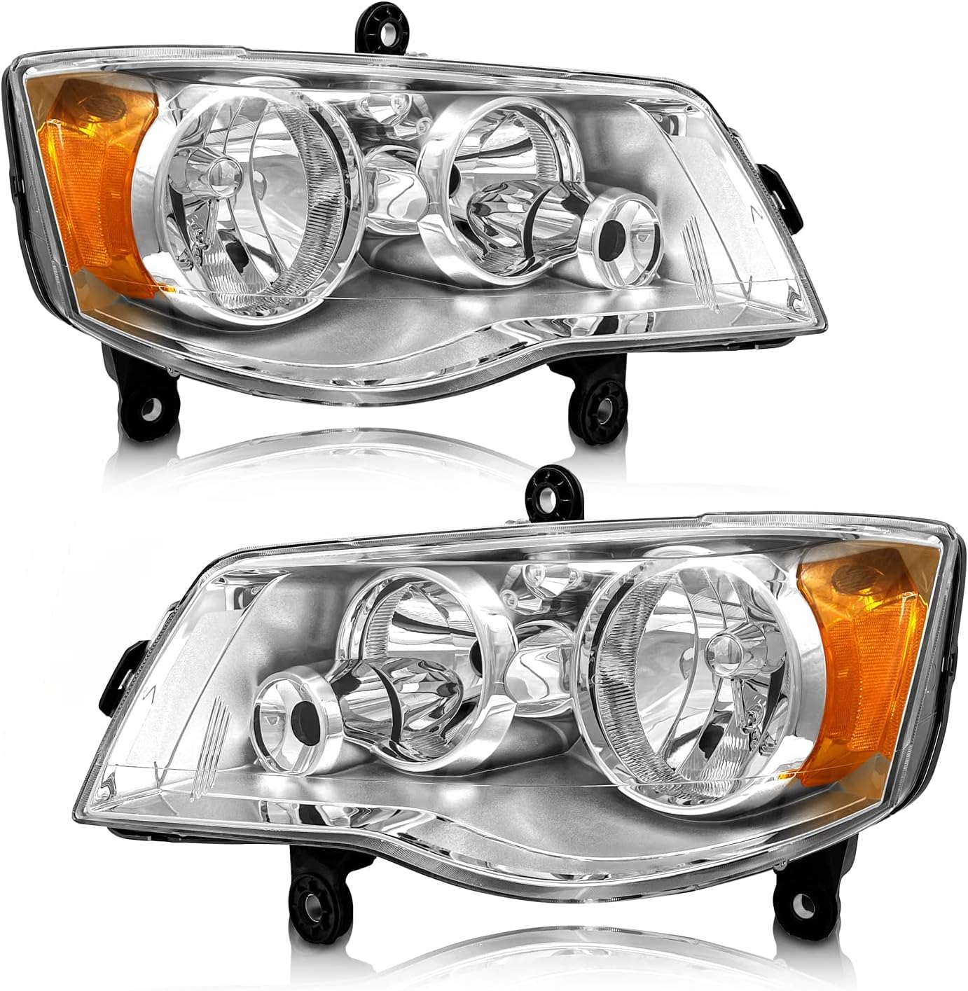 Compatible with 2011-2020 Dodge Grand Caravan Headlights Assembly for 11-20 Dodge Grand Caravan 08-16 Chrysler Town & Country Factory Style Chrome Housing with Amber Reflector Replacement Pair