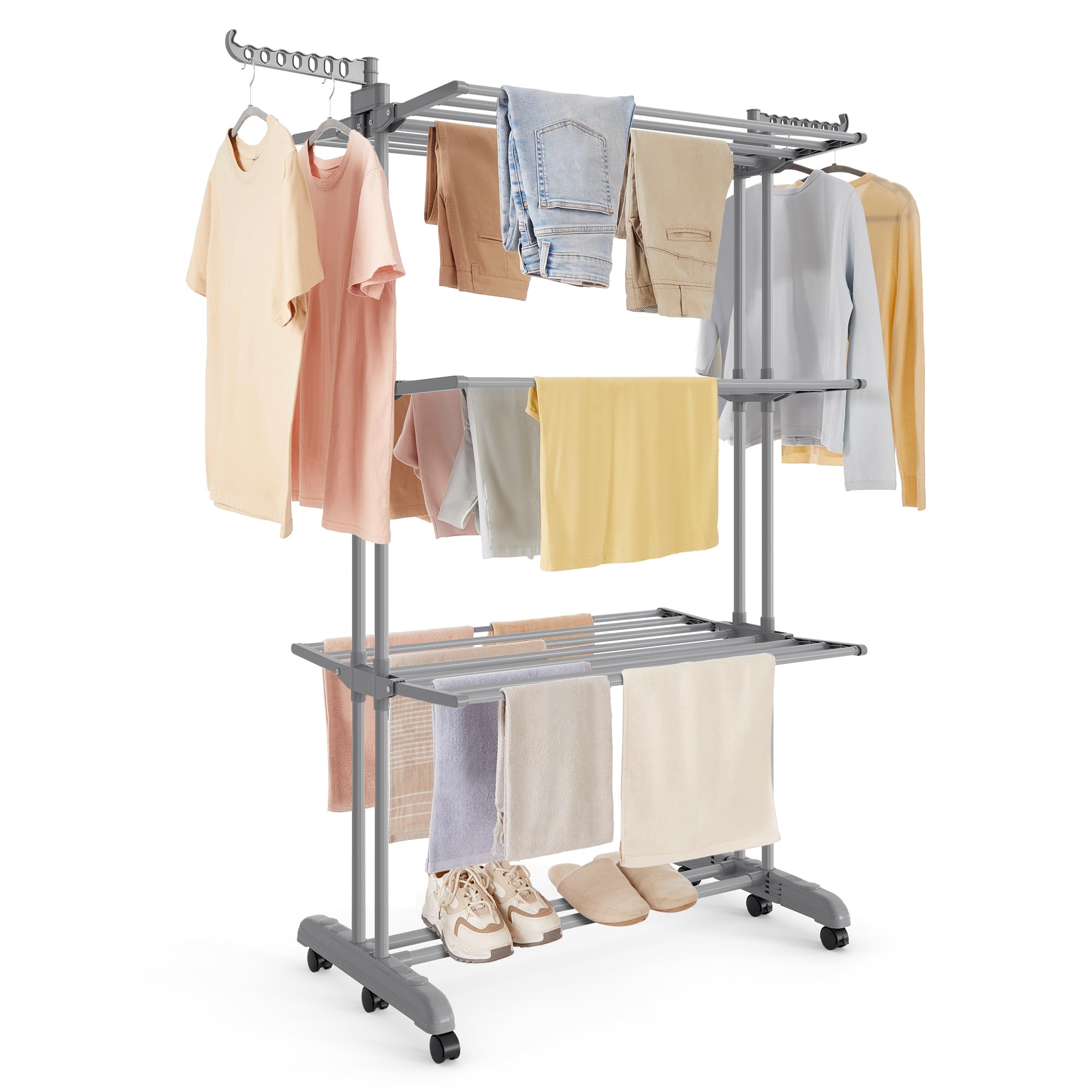 SONGMICS Clothes Drying Rack 4-Tier, Foldable Laundry Drying Rack 68.1-Inch Tall, Stainless Steel, Rolling Clothes Horses, Clothes Airer, Indoor Outdoor Use, Dove Gray ULLR703G01