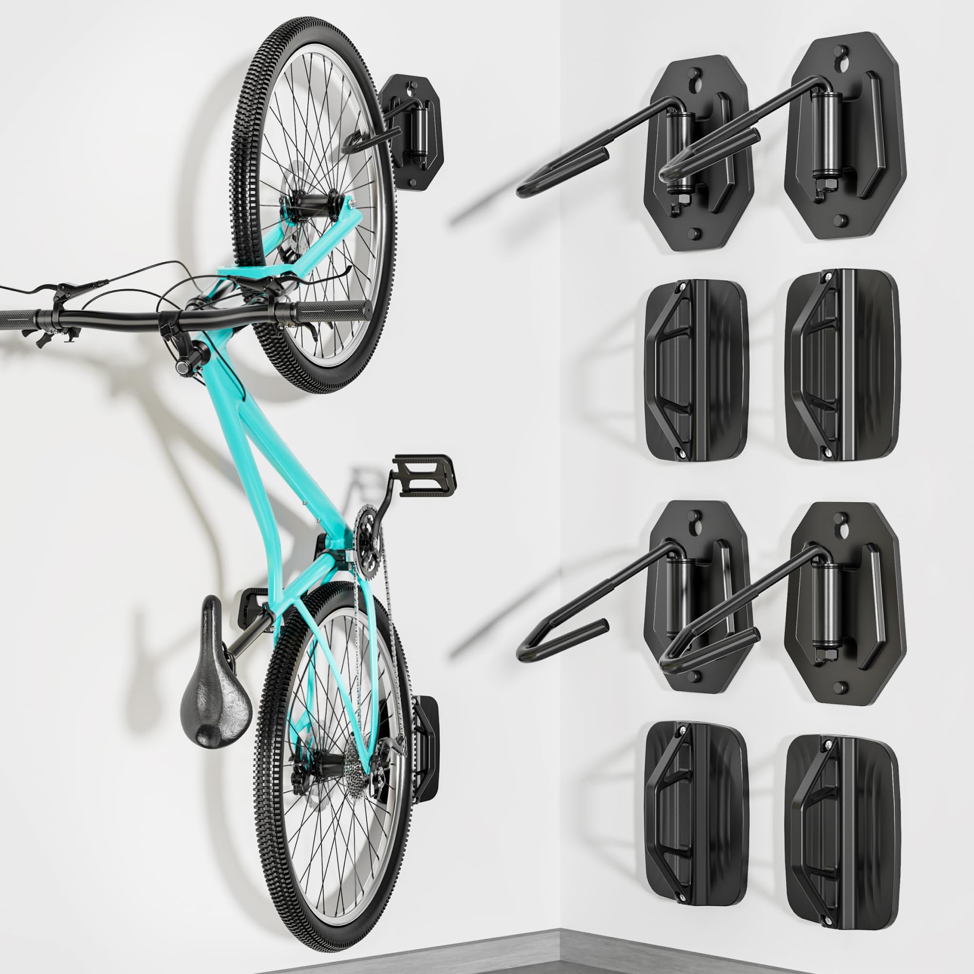 PEGZONE Soporte Ajustable para Bicicleta, Hasta 30 kg, 4 Unidad | Soporte de Pared para Bicicleta, Ahorra Espacio, Giratorio para Garaje, Resistente, Negro