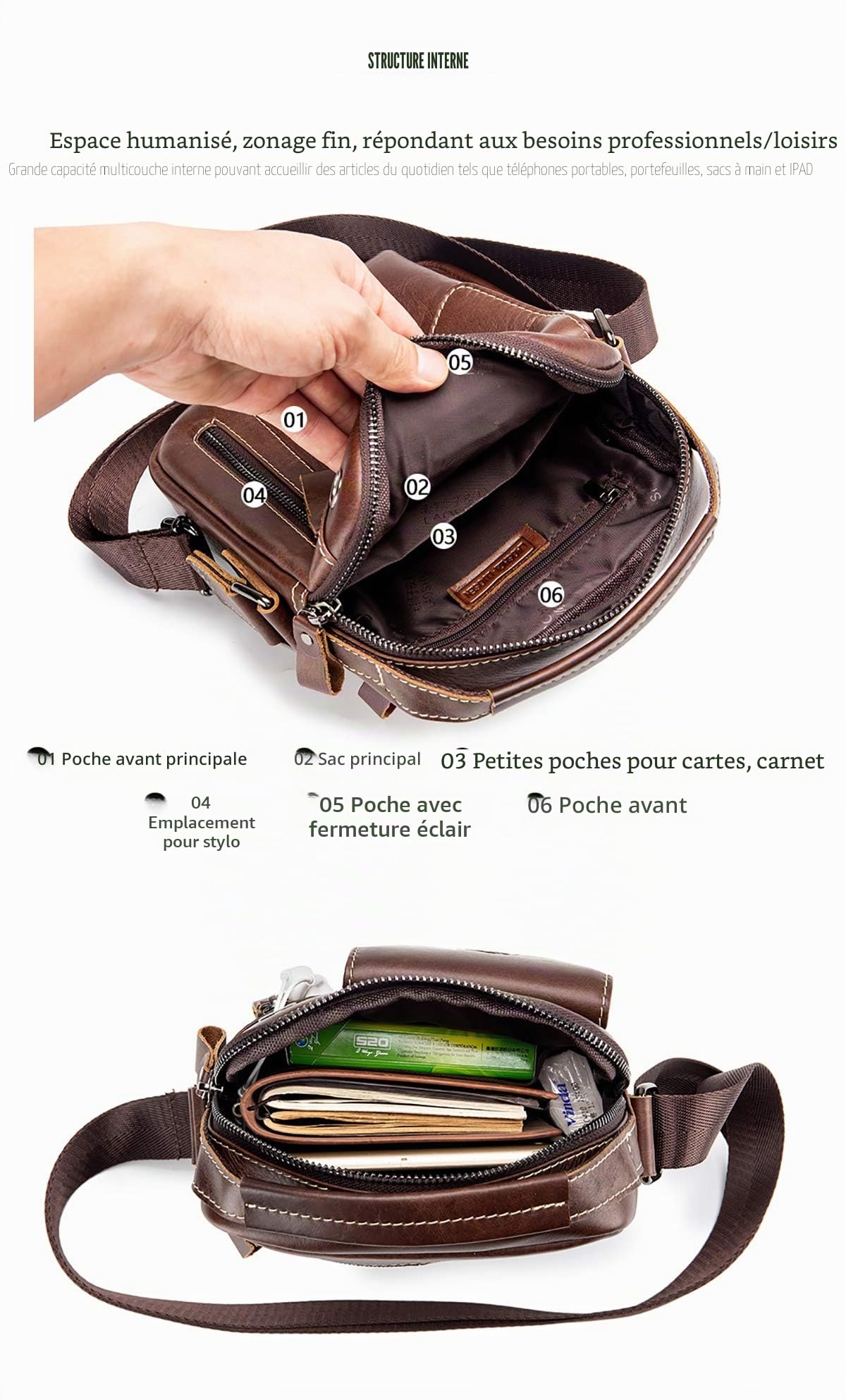 Homme Sacs Portés épaule Tendance Loisir Cuir Veritable Sac Besace