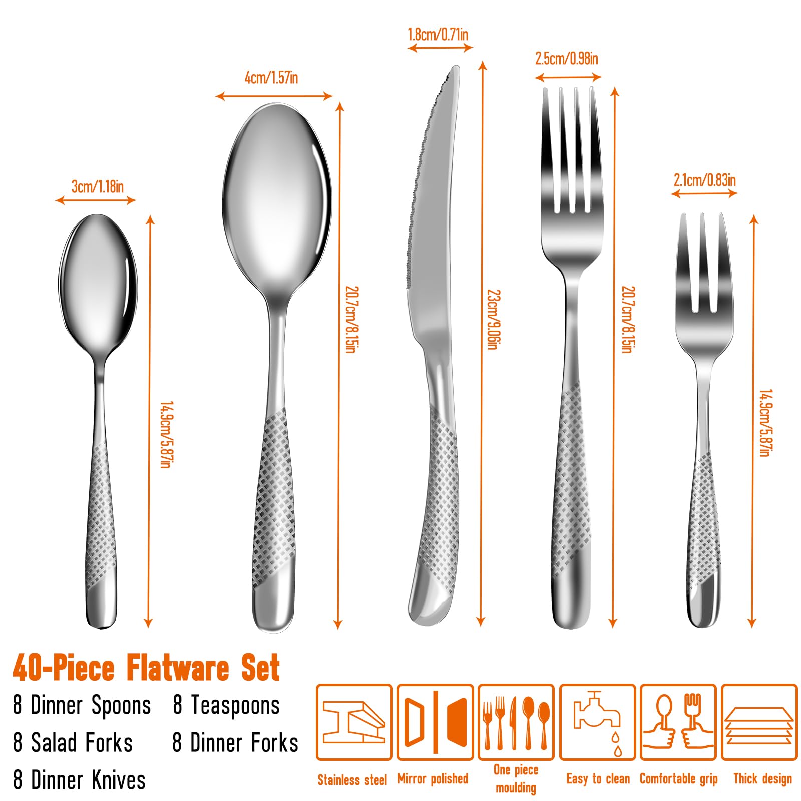 Set Couverts de Table 8 personnes, ensemble de couverts inox 40 pièces, omprend des couteaux/fourchettes/cuillères,lavable au lave-vaisselle,facile à nettoyer